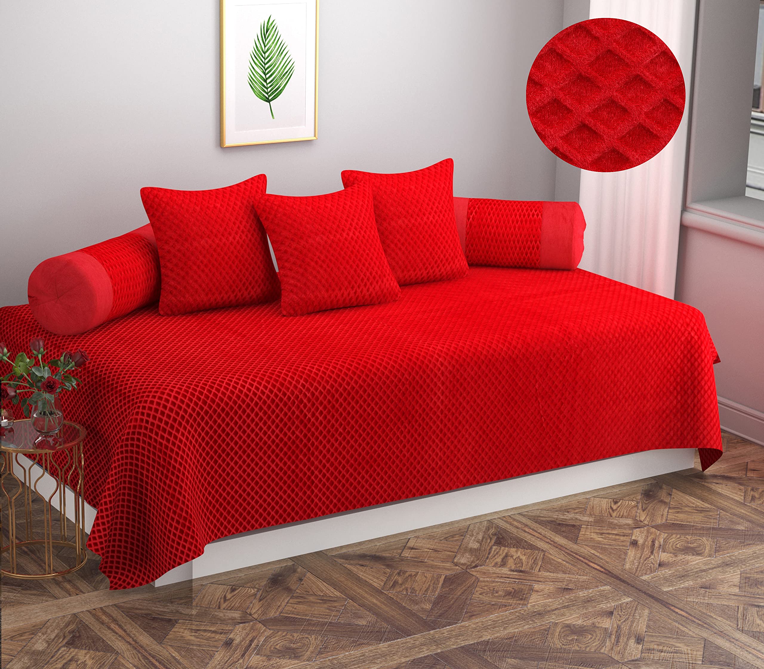 KREEVA Velvet Checked Grace Diwan Cover Set - (1+2+3), Maroon-image-12