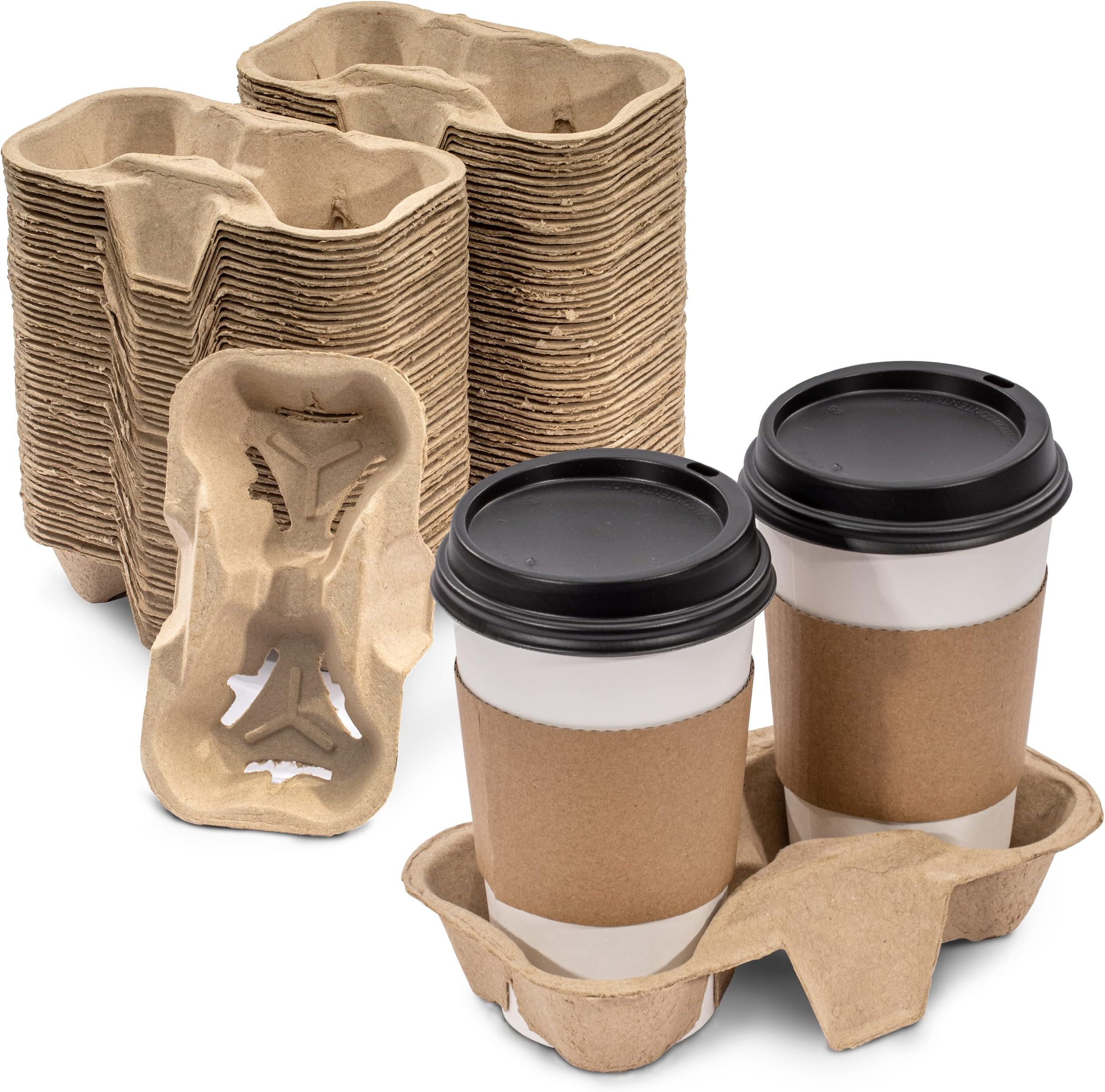 FMP Brands 100 Pack 2 Cup Pulp Fiber Drink Carrier Trays, Biodegradable Cup Holder Carrier for Hot and Cold Drinks, Disposable Drink Caddy for Delivery, Uber Eats, Coffee Shops