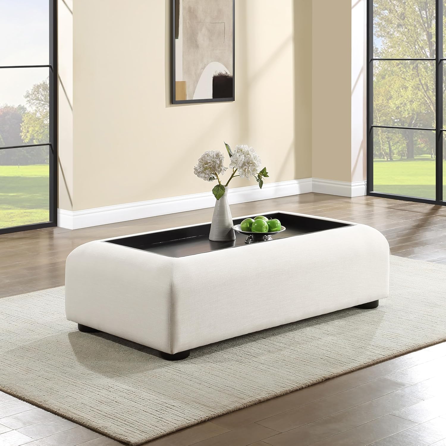 Meridian Furniture 236Black-C Diana Collection Art Deco Coffee Table with Rich Cream Linen Textured Fabric, Solid Wood Black Finish, 54" W x 30" D x 16" H, Cream