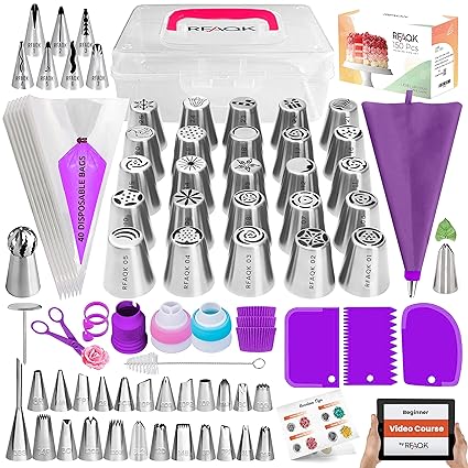 150PCs Piping Bags and Tips Set for Cake Decoration - Cake Decorating Supplies Kit and Russian Piping Tips Complete Set (24 Icing Tips+25 Russian+7 Ruffle+Leaf & Ball Tip +41 Frosting Bags + EBook)