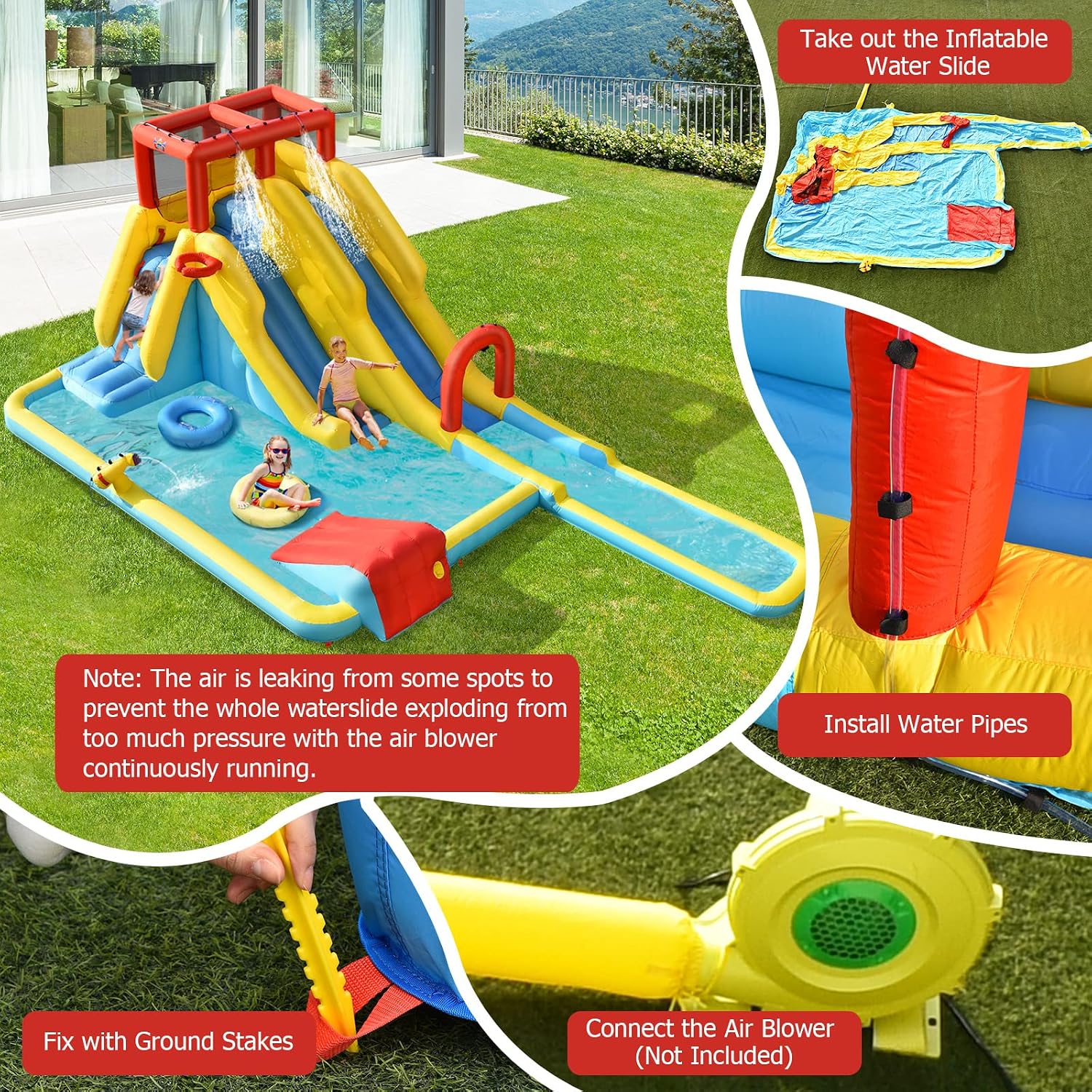 HONEY JOY Inflatable Water Slide, Double Slide Giant Water Park Bounce House w/Climbing, Splash Pool, Blow Up Water Slides Inflatables for Kids and Adults Outdoor Backyard(Without Blower)
