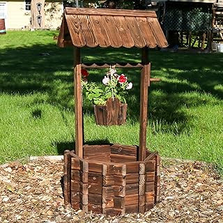 Sunnydaze 45” H Wooden Garden Wishing Well for Outside - Decorative Wishing Well Planter Cover with Hanging Flower Bucket