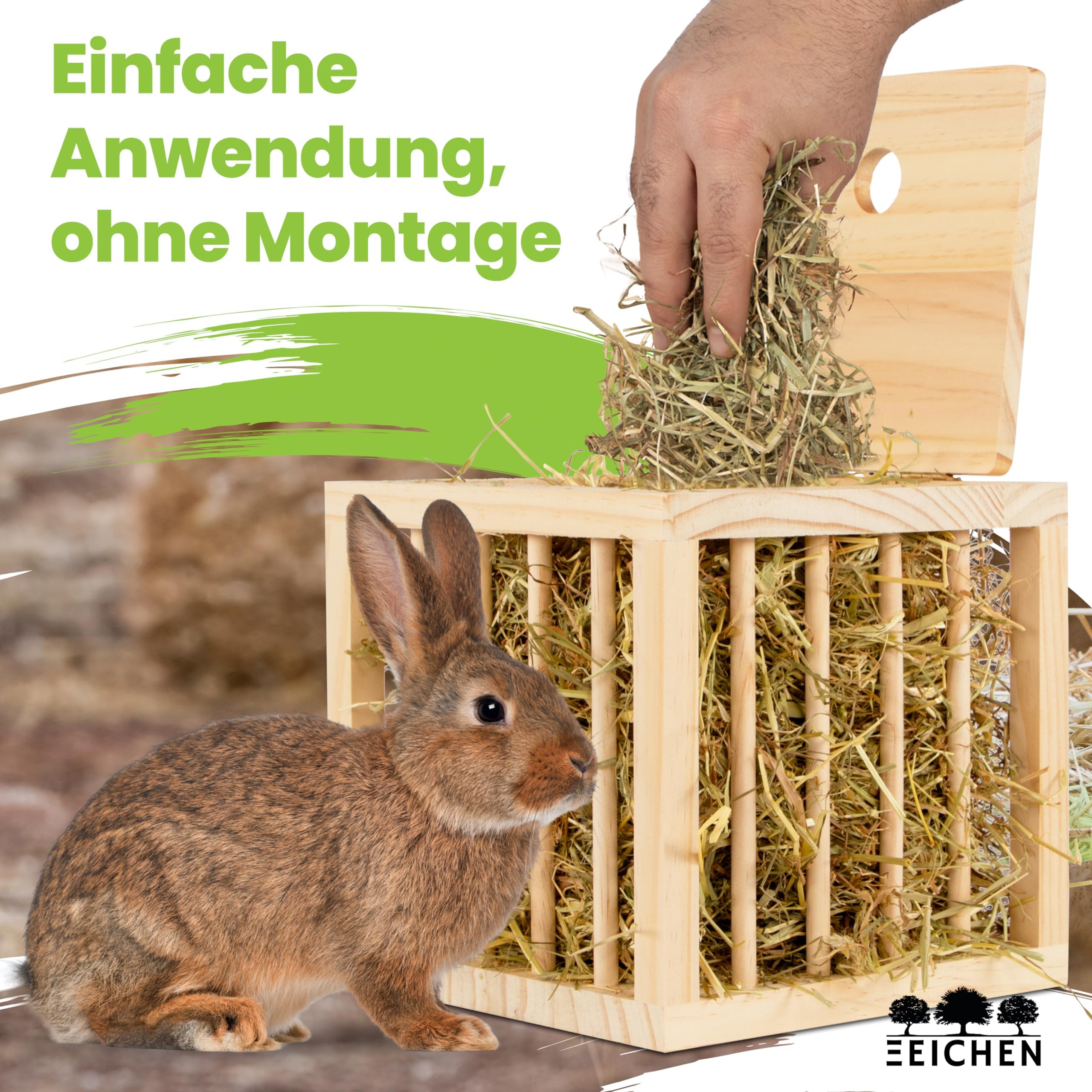 Heuraufe Kaninchen, Hasen, Hamster. Stabiler Stand in Würfelform. Unbehandeltes Naturholz. Perfekt für den Kaninchenstall. Heuraufe Meerschweinchen. Heu. Zubehör. Groß. Stehend | Drei Eichen