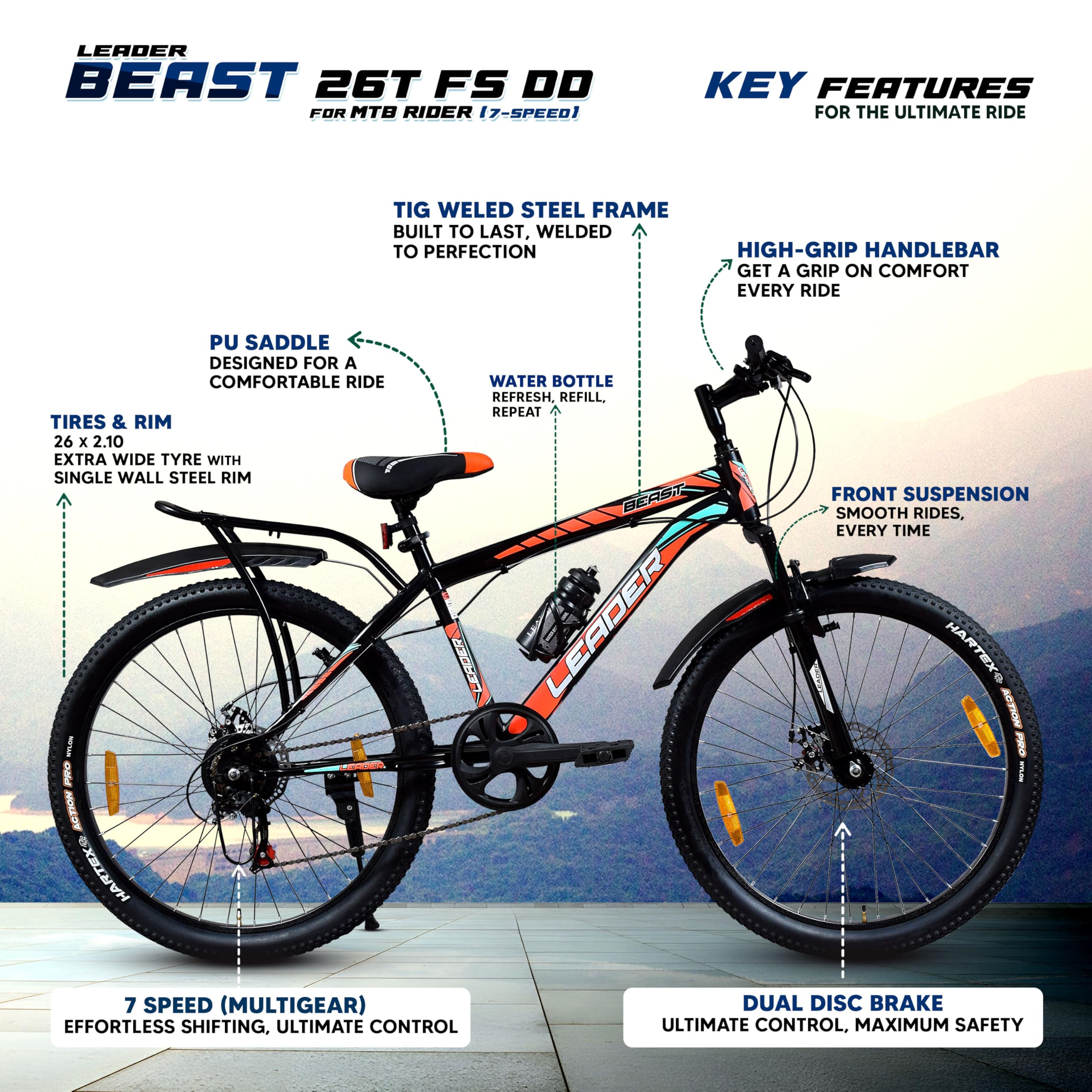 Leader Beast 26T Mountain Bike - 7 Speed, Suspension -7