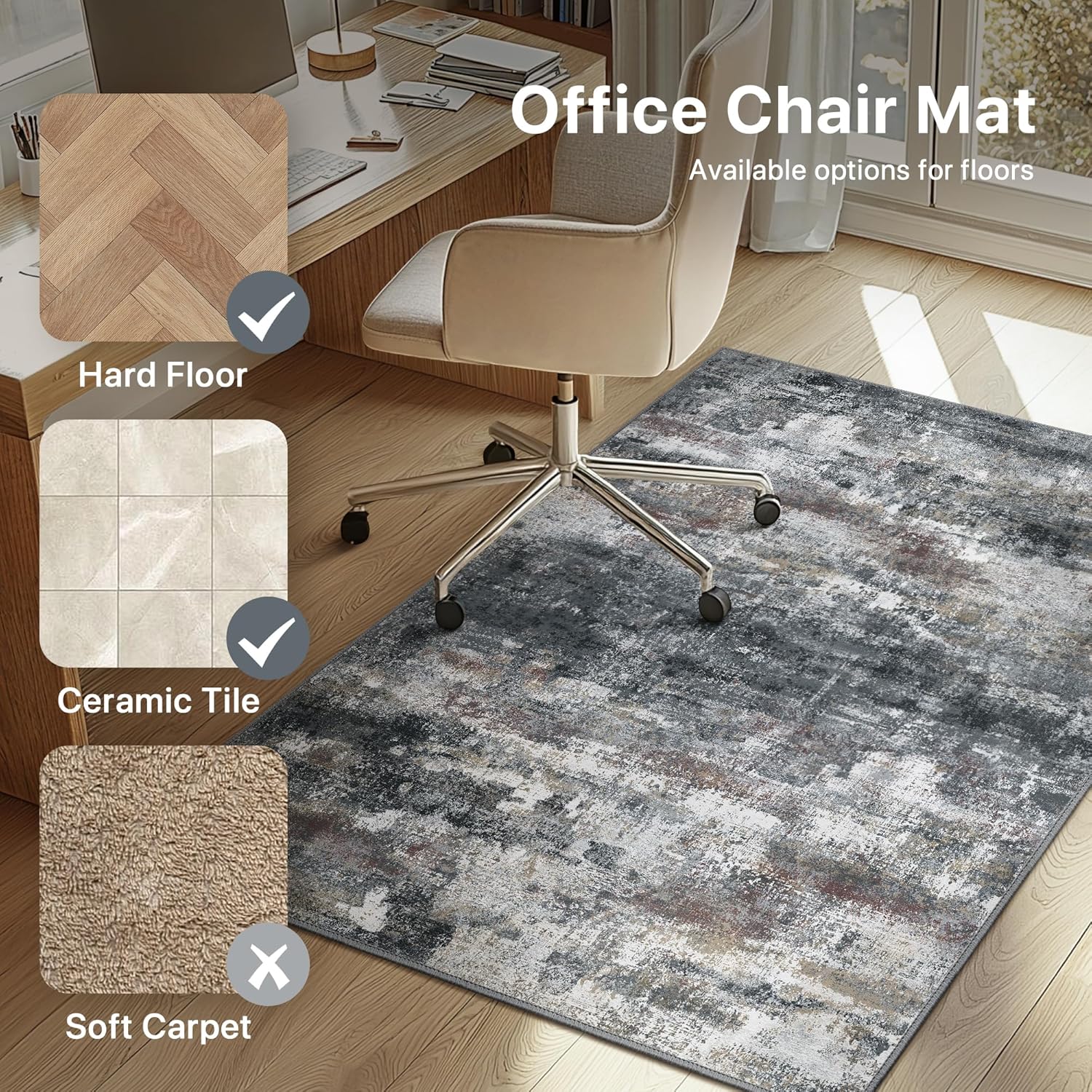 Office Chair Mat for Hardwood Tile Floor, Abstract 36"X 48" Desk Mats for Office Chair on Rolling Chairs Carpet, Desk Anti-Slip 1/5" Thick Rug for Computer Chair, Thin Low-Pile Floor Mat, Dark Gray