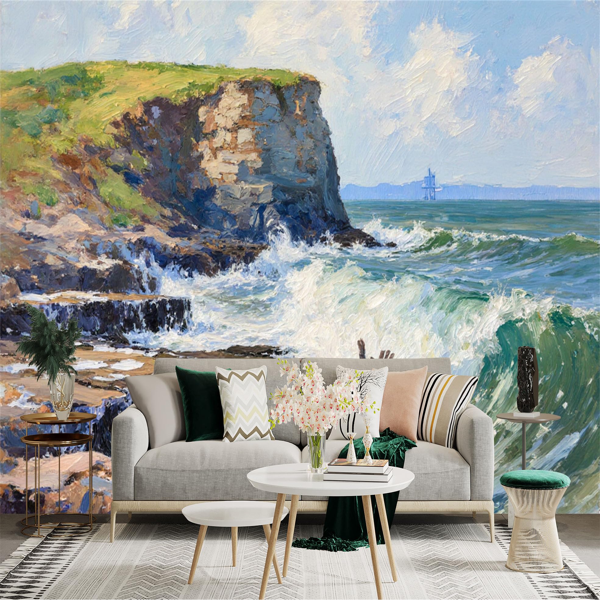 Lnzczhyre Xc260505470 Custom Size Wall Sticker Mural， Impressionist Oil Painting Of Coastal Cliff， Crashing Ocean Waves， Seascape Landscape， For Wall Decoration， Peelandstick Wall Decals.