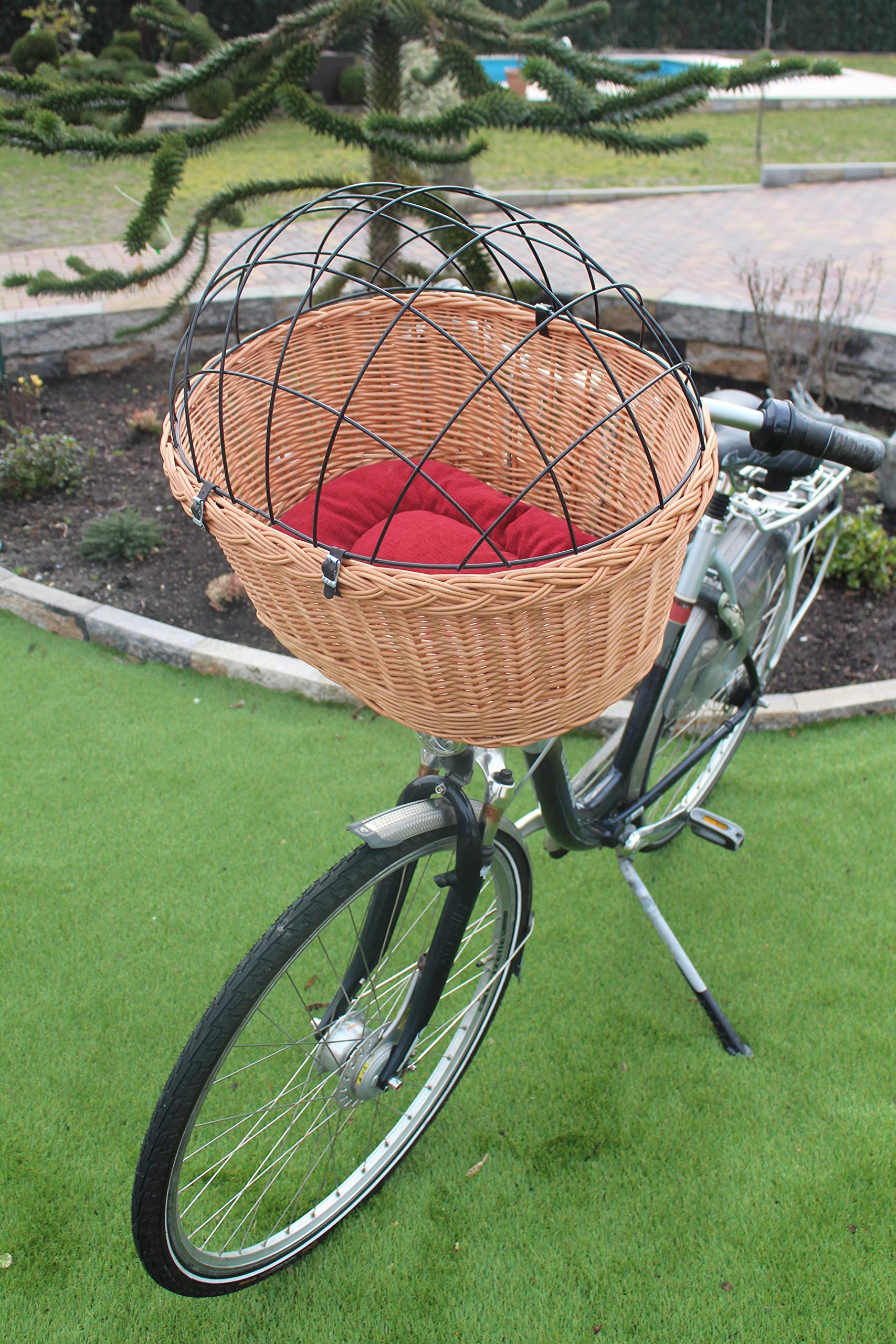 Hundefahrradkorb für Fahradlenker aus Weide mit Metallgitter und Kissen XL oder XXL Lenkrad Weidenkorb Hundekorb Lenkerkorb Einkaufskorb Natur (XXL mit Kissen)