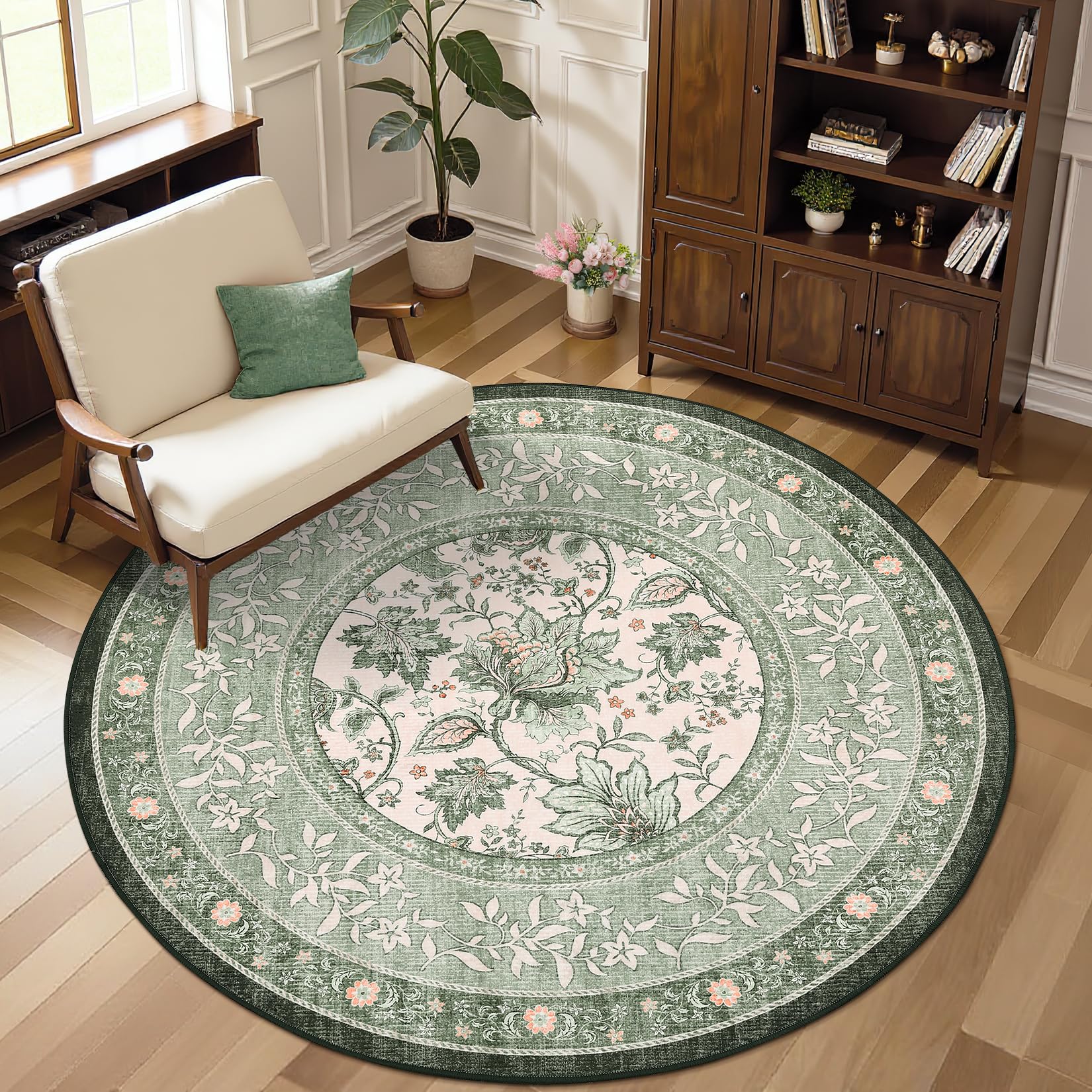 GarveeHome Sage Green Botanical Grove 5ft Round Rug