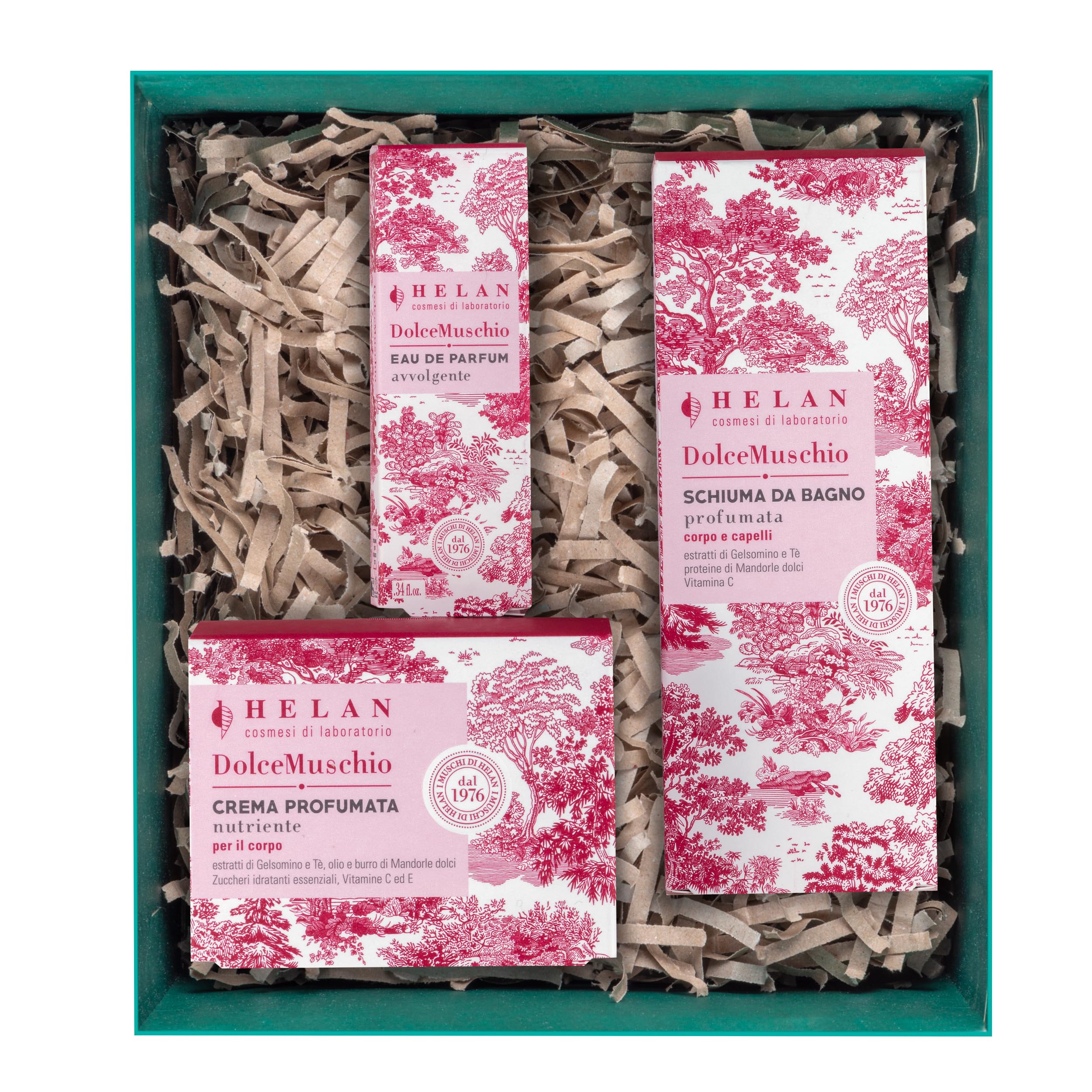 Helan Dolce Muschio Dolce Muschio zestaw upominkowy dla kobiet i mężczyzn, z perfumowanymi kremami do ciała, perfumami, pianką do kąpieli do włosów i ciała Dolce Muschio, połączenie zapachów