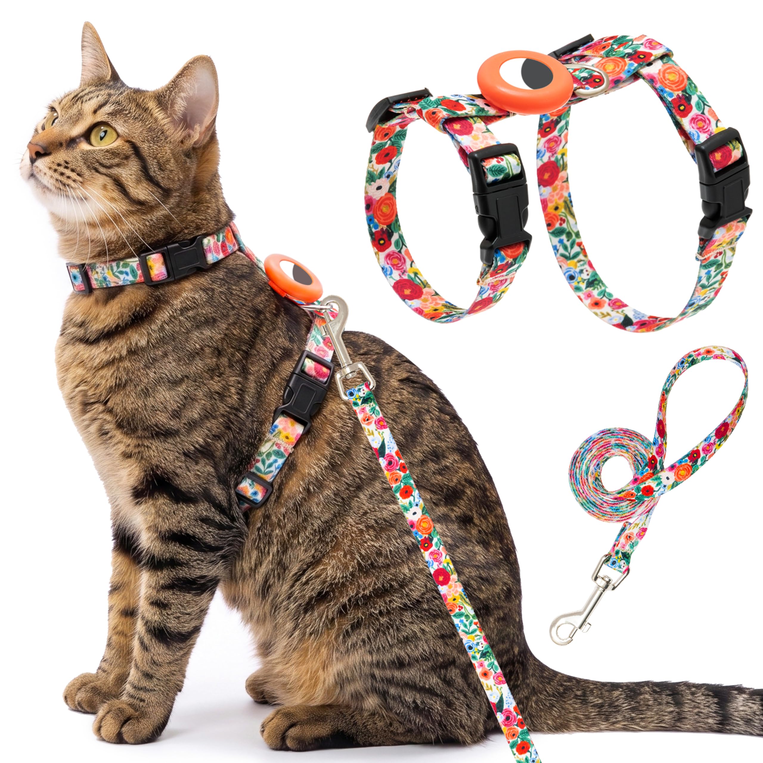 Cat Harness and Leash Escape Proof for Walking Travel Outdoor - Cute Floral Nylon Adjustable Cute Cat Harness Leash Set with Airtag Holder for Small Large Cats