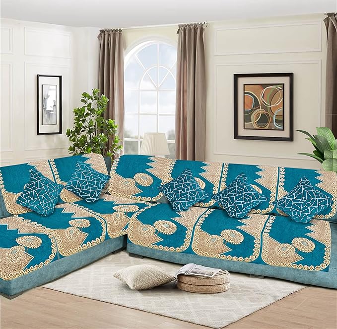 Dazzling DECOR L Shape Velvet Sofa Cover Set - Printed Sofa Back Slip Covers Panels 3 and 2 and 1 Seater Cover for Long Sofa Couch - Premium Slip Cover Protector with Cushion Covers, Aqua_102