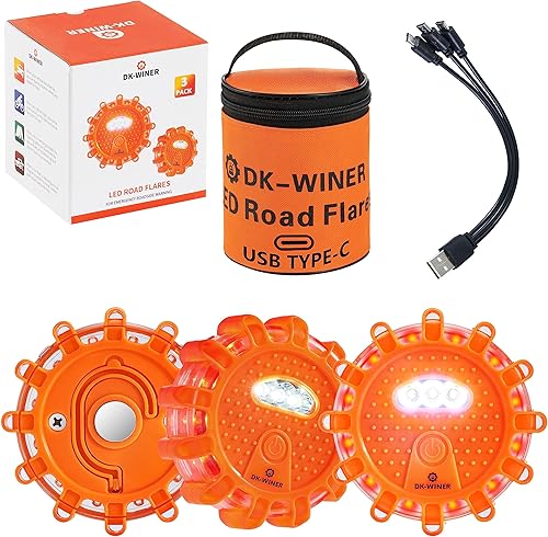 DK-WINER LED Road Flares Roadside Emergency car kit Emergency Road Flares Kit with Magnetic Base for Vehicles & Boat 9 Flash Modes(with Batteries)