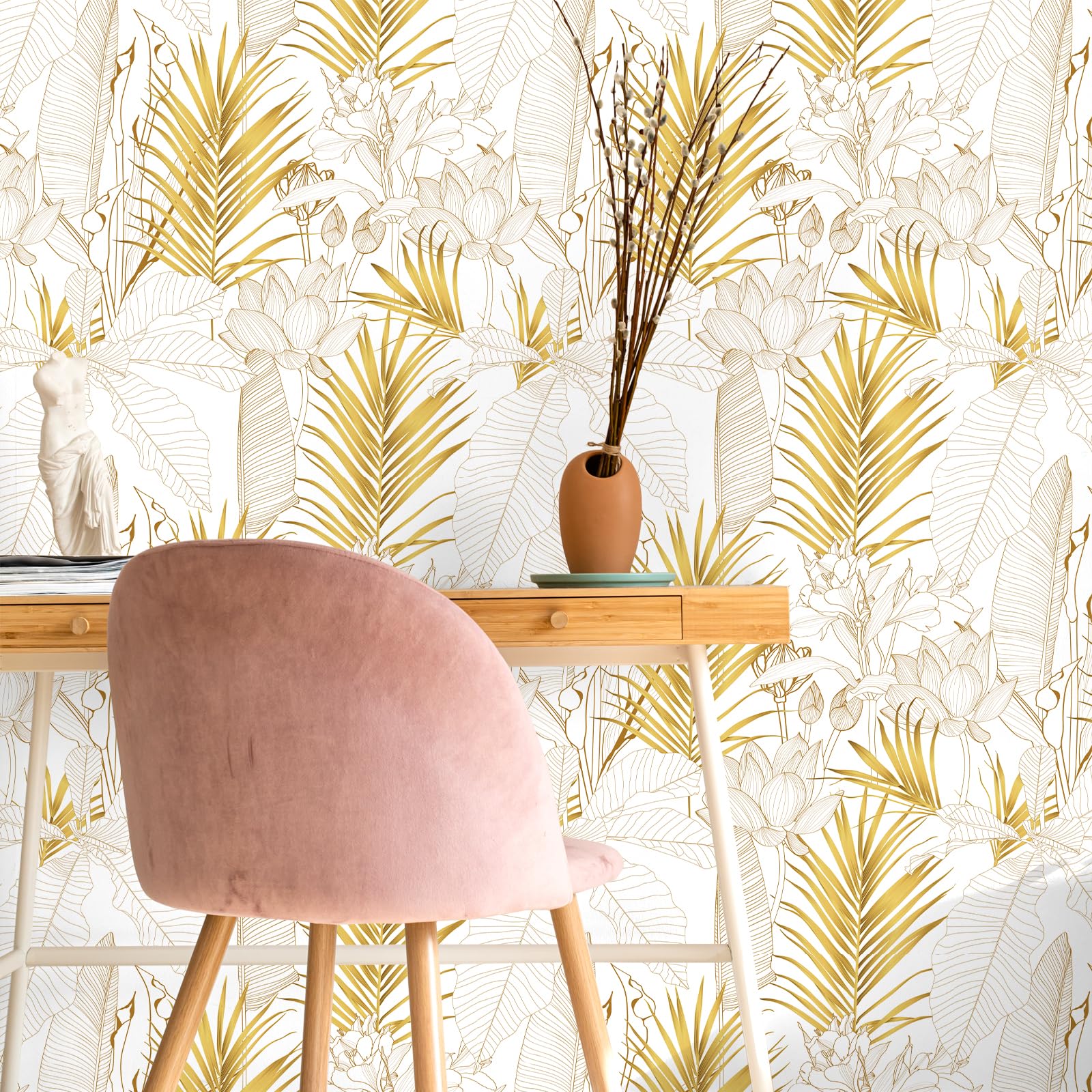 VEELIKE Papel Pintado Flores Loto Oro Boho 44,5 cm × 900 cm Papel Pintado Hojas Palmera Dorado Tropicales Murales Decorativos Pared Dormitorio Salon Vinilo Adhesivo Pared Habitación Extraíble