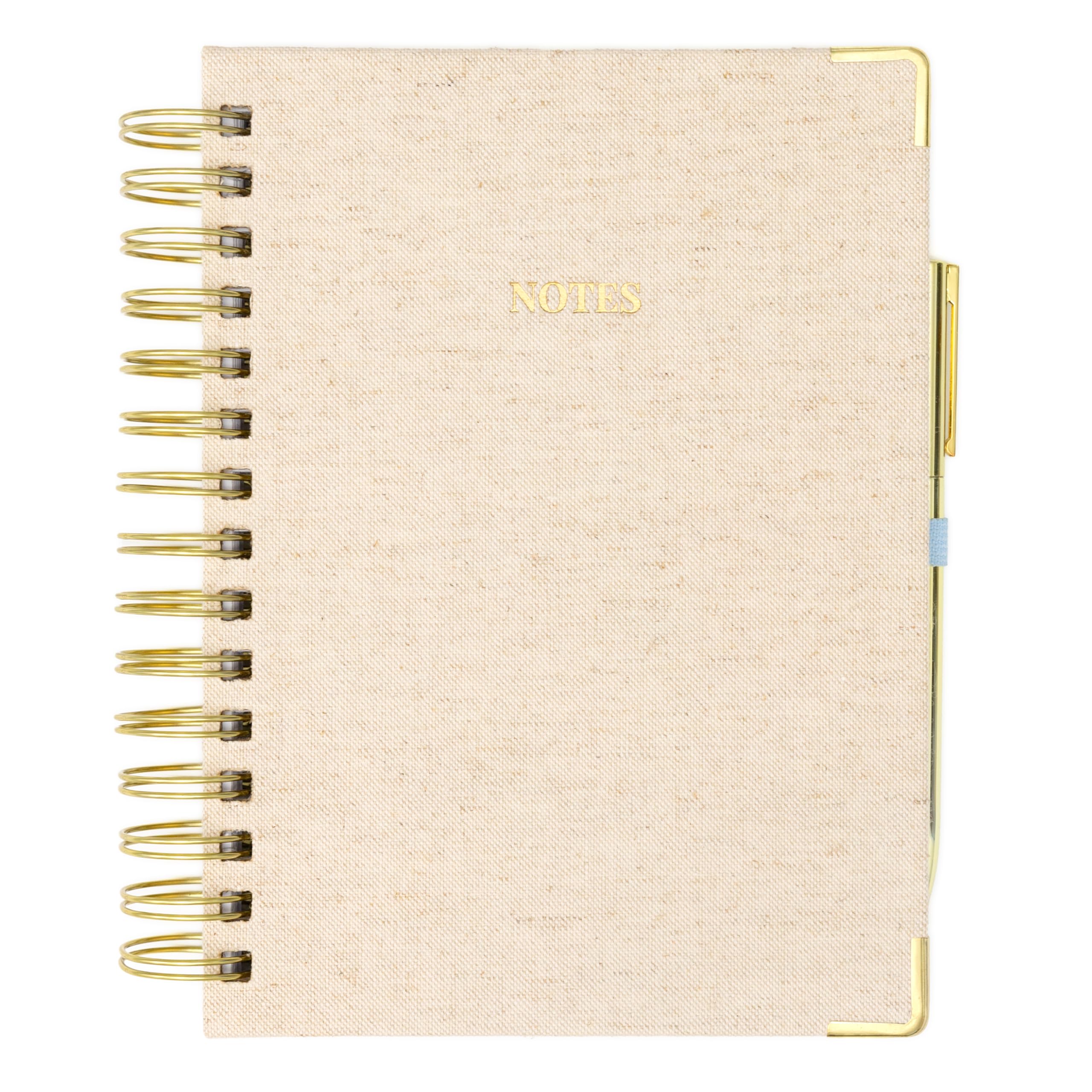 ELYN Lined Spiral Journal, Linen Hardcover Notebook with Matching Gold Gel Pen, 252 Pages, 8 in x 5 in - 100 GSM Premium Paper, Spiral Notebook for