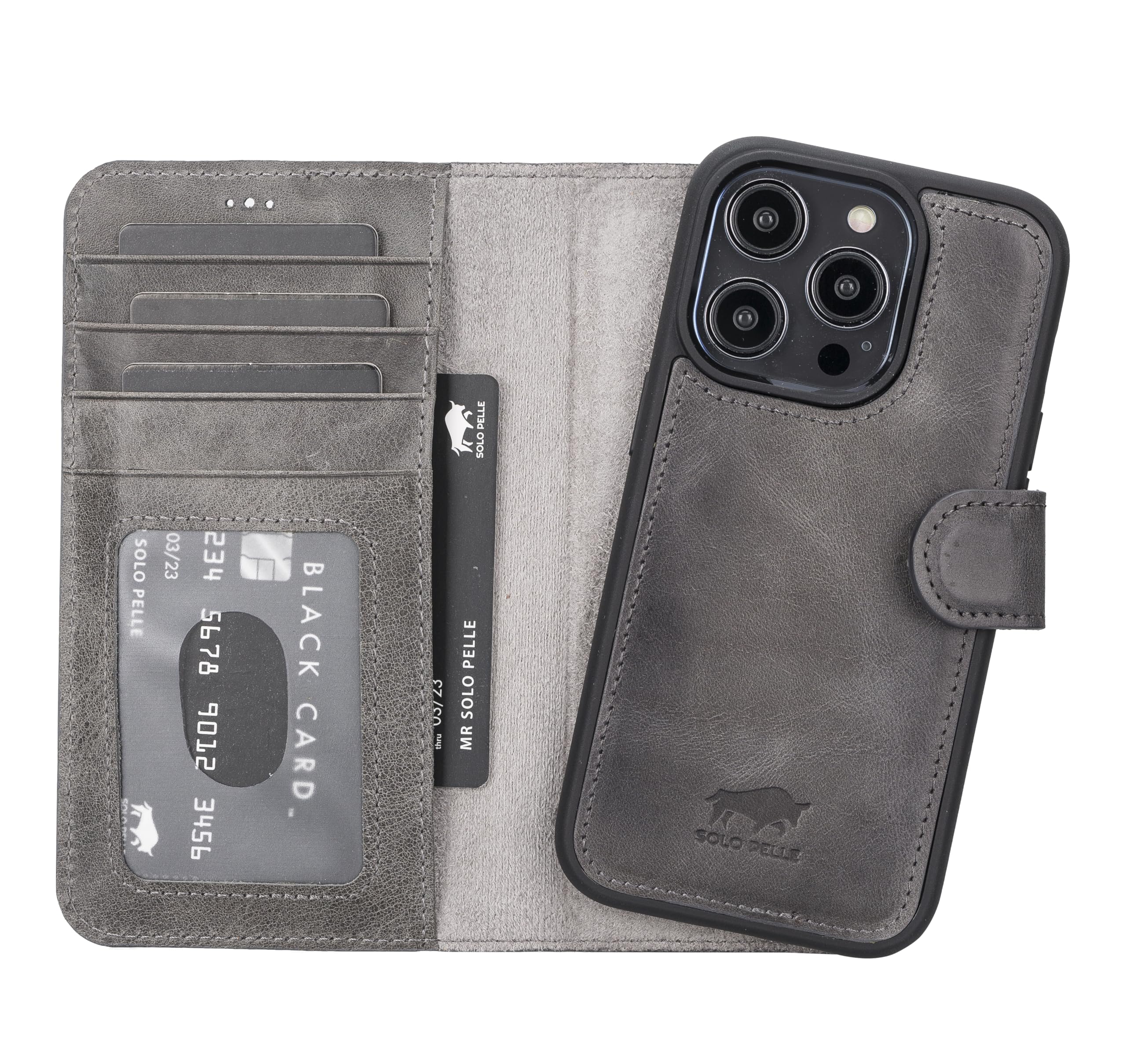 Solo Pelle Lederhülle kompatibel für iPhone 15 Pro in 6.1 Zoll abnehmbare Hülle (2in1) inkl. Kartenfächer für das original Apple iPhone 15 Pro (Steingrau)