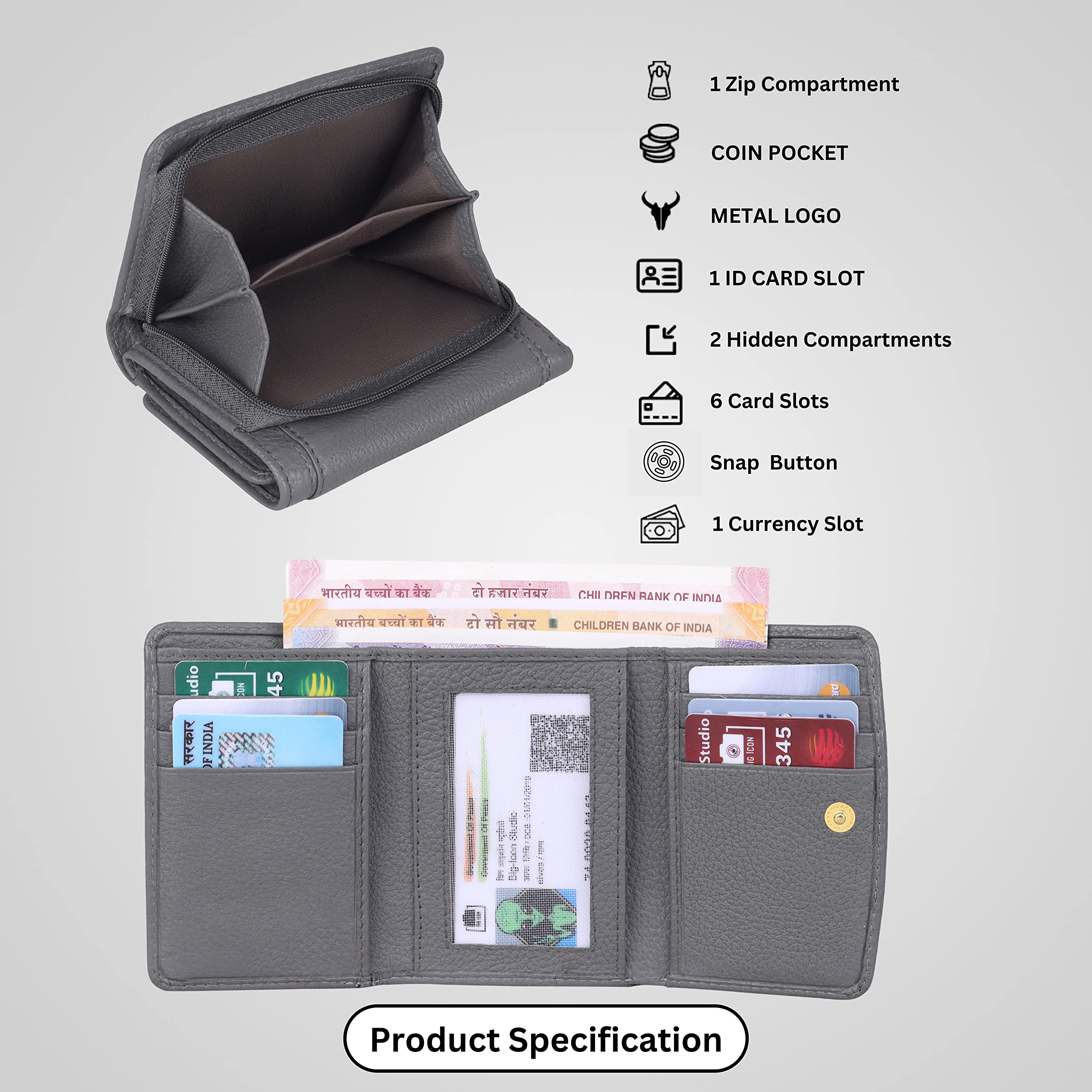NAPA HIDE Women Leather Wallet Bifold Zipper Pocket Wallet Card Case Purse with ID Window