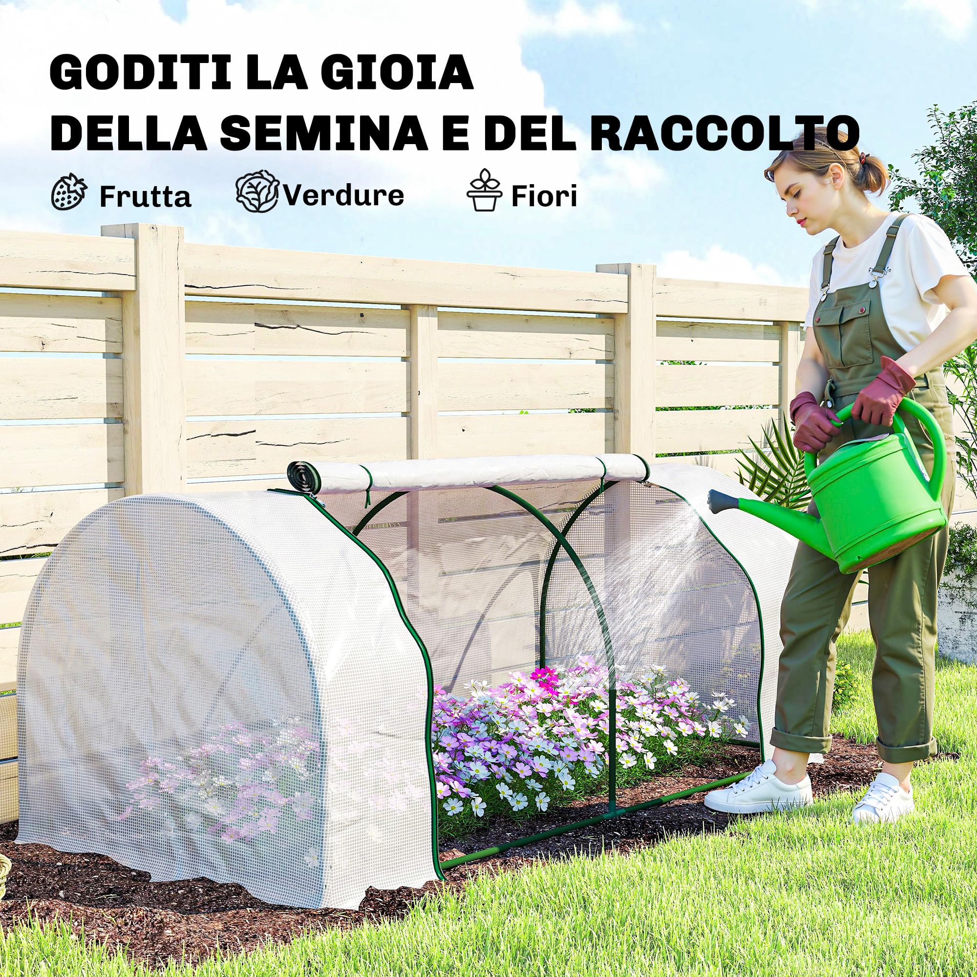 Outsunny Serra da Giardino 2x1x0.8 m con Finestre Avvolgibili Bianco | Serra per Orto, Struttura in Acciaio, Copertura PE, per Orto Verdure Fiori Frutta, Anti UV