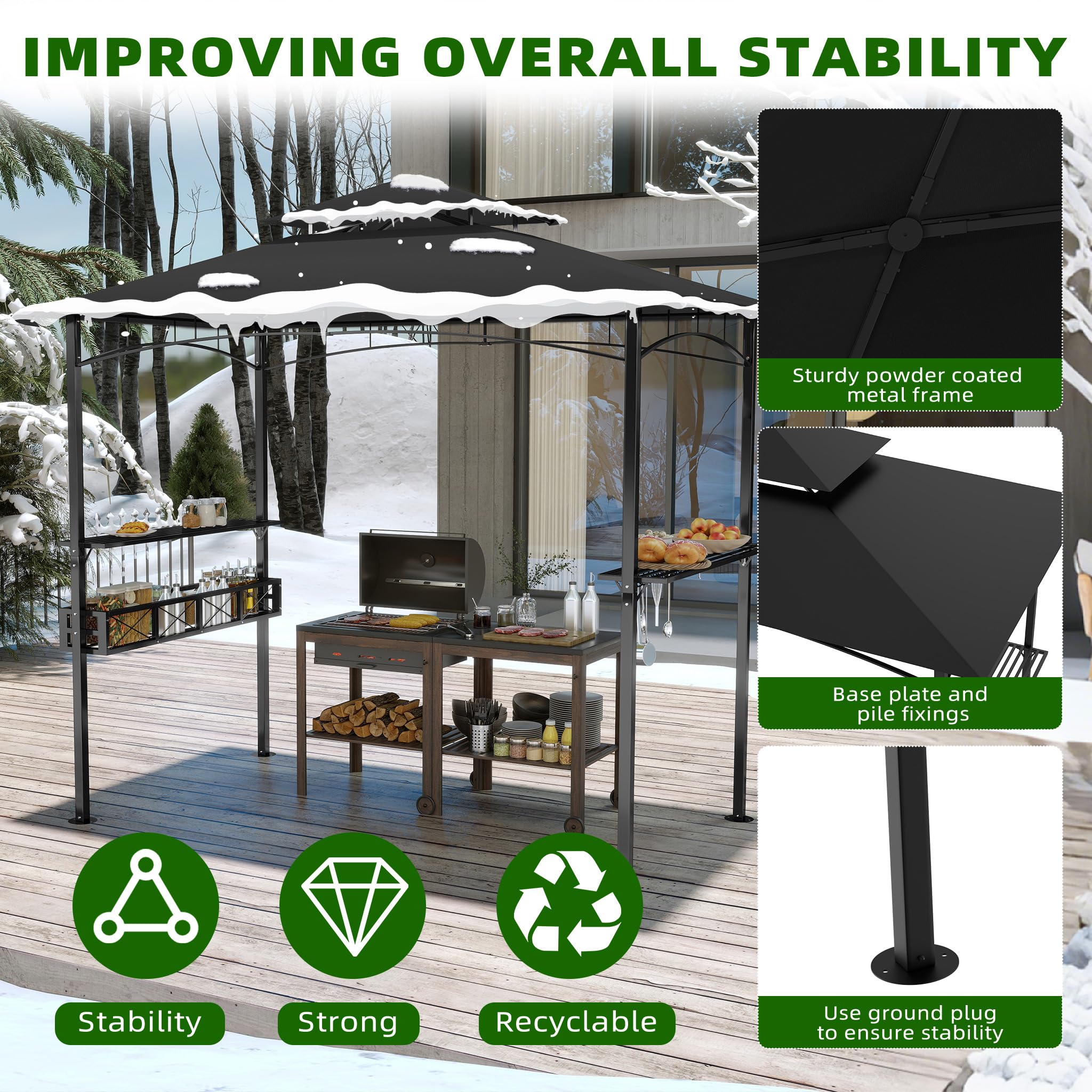 UISEBRT Gazebo per barbecue resistente all'inverno con telaio in metallo e tetto in poliestere, 245 x 153 x 250 cm, protezione da pioggia e sole, include cestino portaoggetti, gazebo per