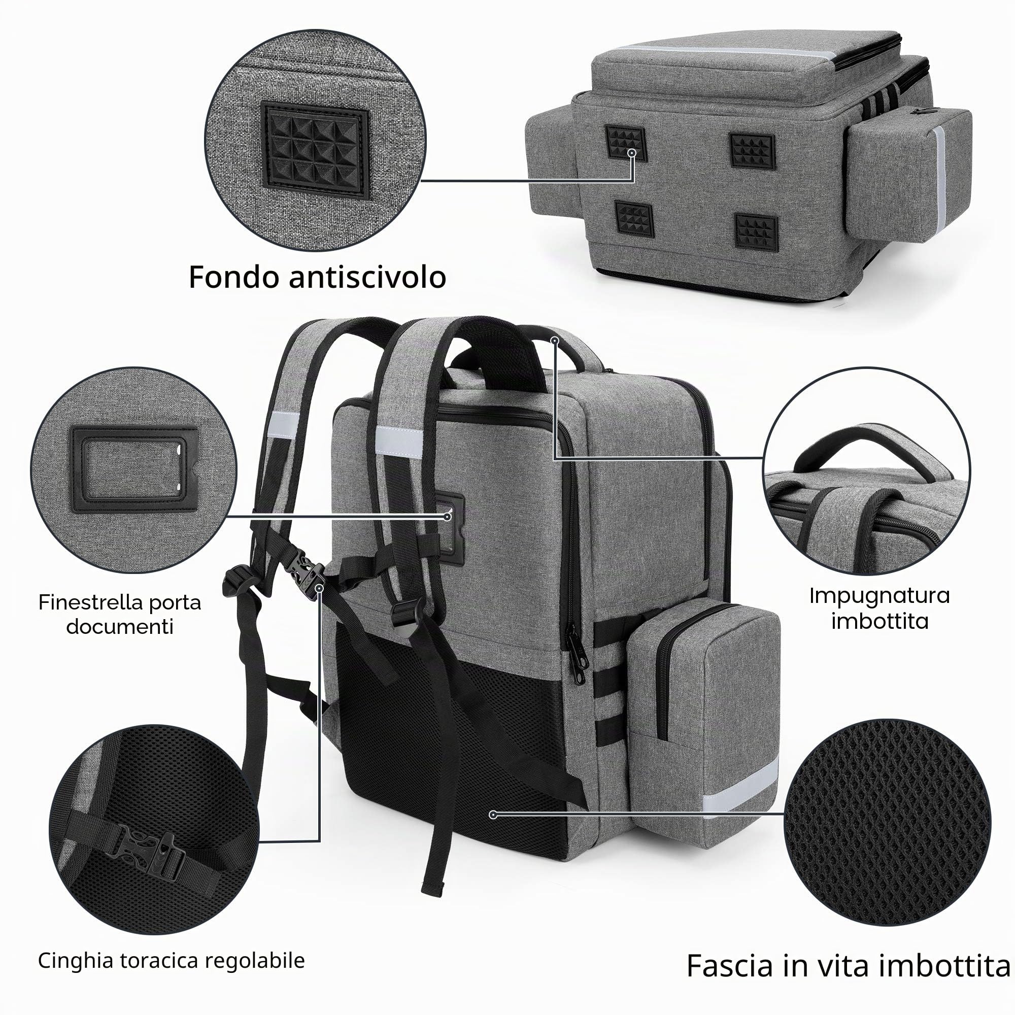 Trunab Zaino Emergenza Zaino Medico Vuota Grigio, Borsa Medica Pronto Soccorso con Tasche Laterali Staccabili e Fondo Antiscivolo, Adatto per EMT, Paramedico, Visita Domiciliare