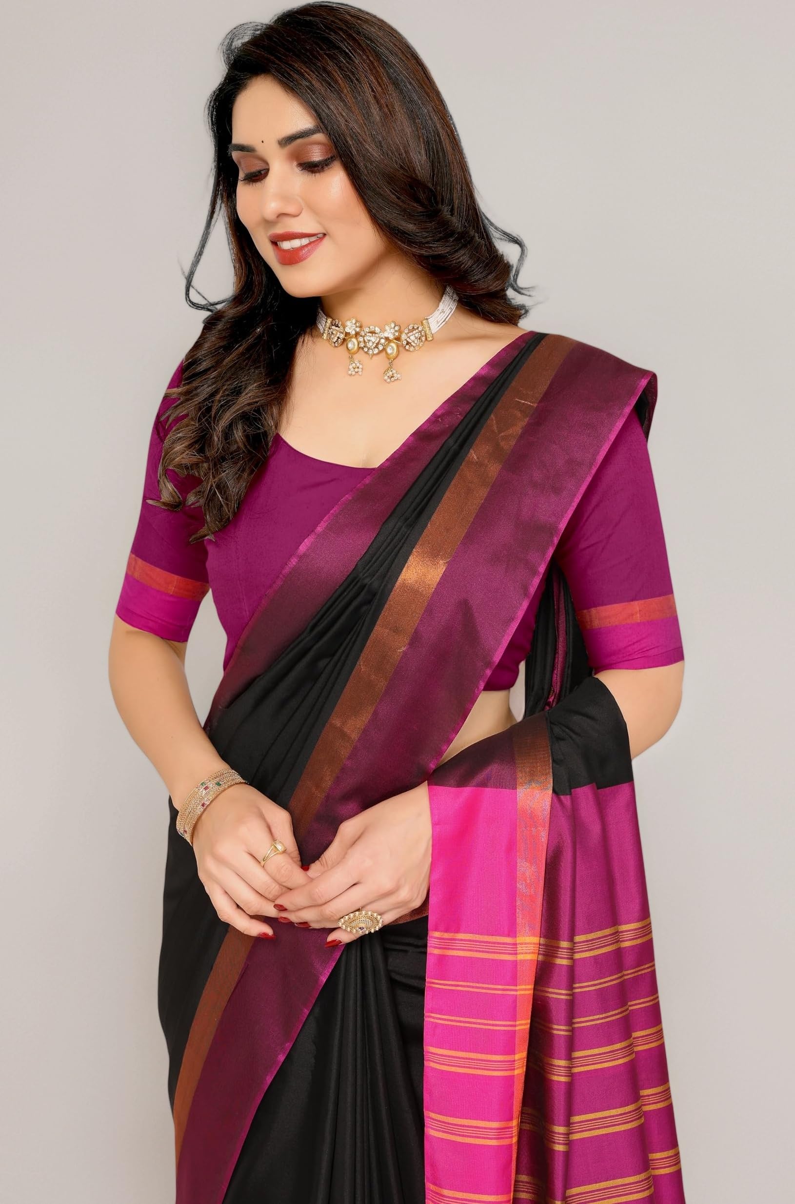 Women's Striped Pattern Cotton Silk Saree with 6 Yards Length and Unstitched Blouse Piece