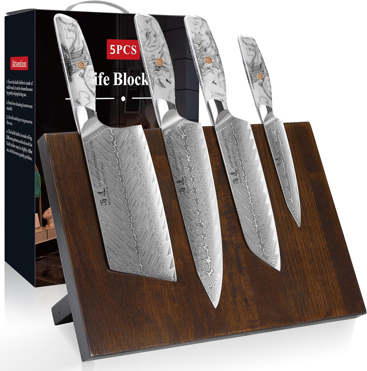 SHANGDAO Damascus Kitchen Knife Set with Magnetic Knife Block, 5 PCS Razor Sharp Kitchen Knives Made of Japanese Damascus Steelwith Block, Well-Balanced Damascus Chef Knife set