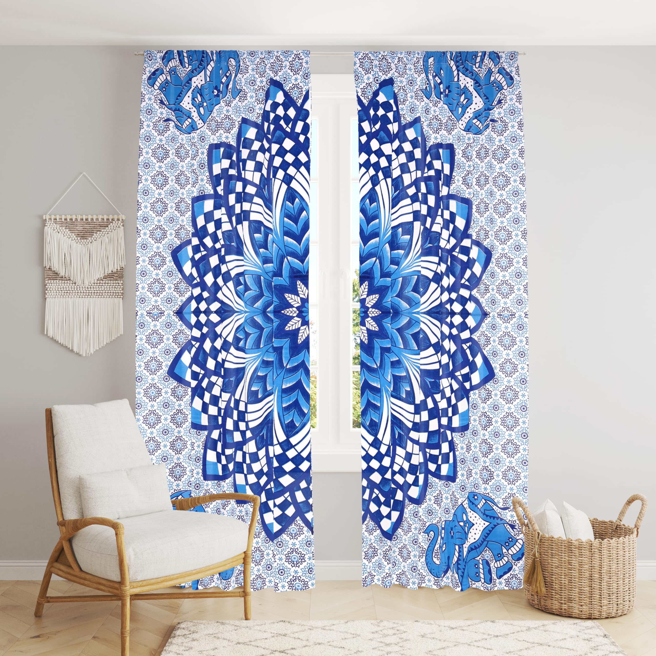 Rideaux de fenêtre indiens bohèmes et psychédéliques arbre de vie bleu 96x210 cm