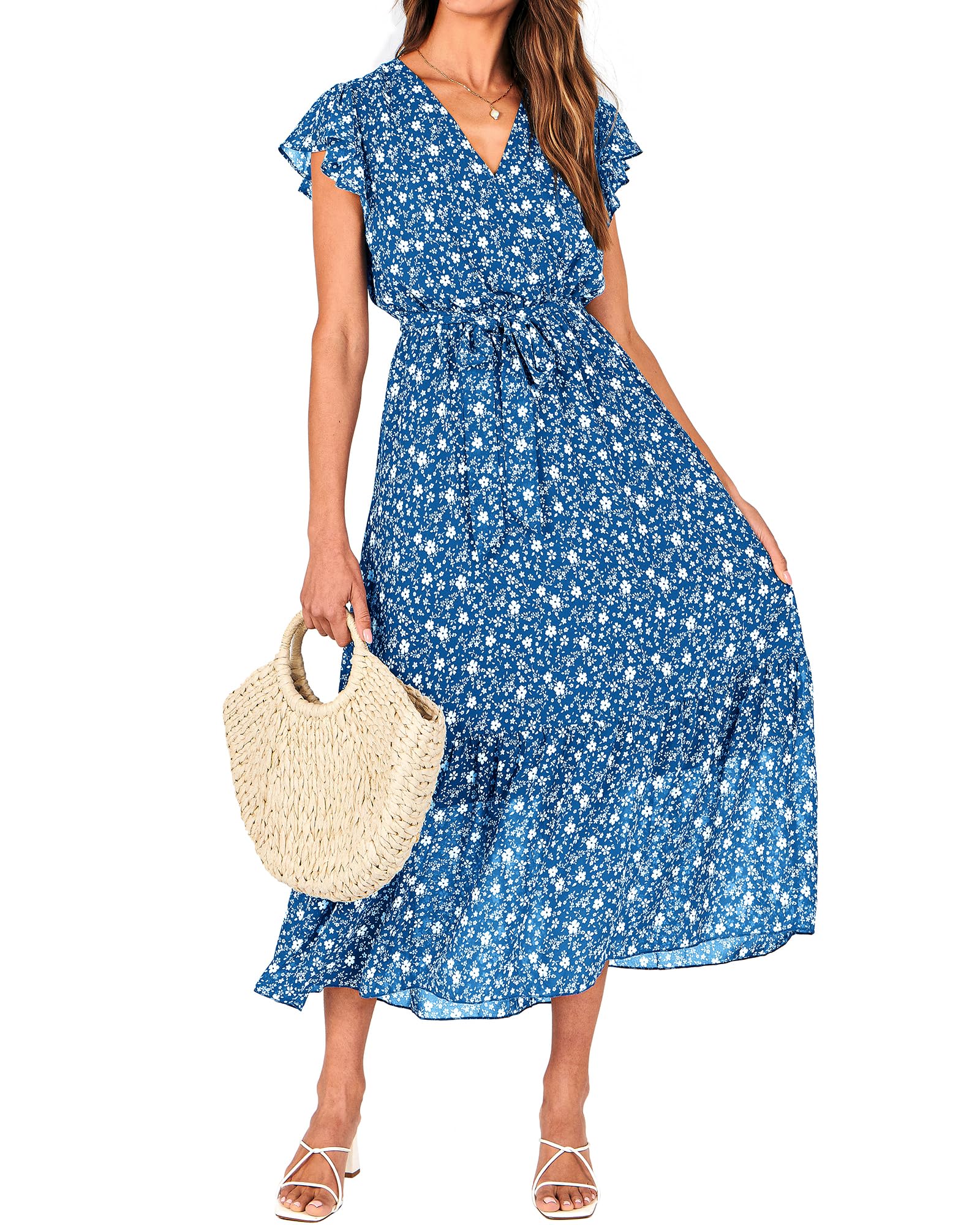 BTFBM Women Summer Bohemian Floral Casual Wrap V Neck Ruffle Cap Sleeveless Belt A-Line Pleated Hem Midi Sun Dress White