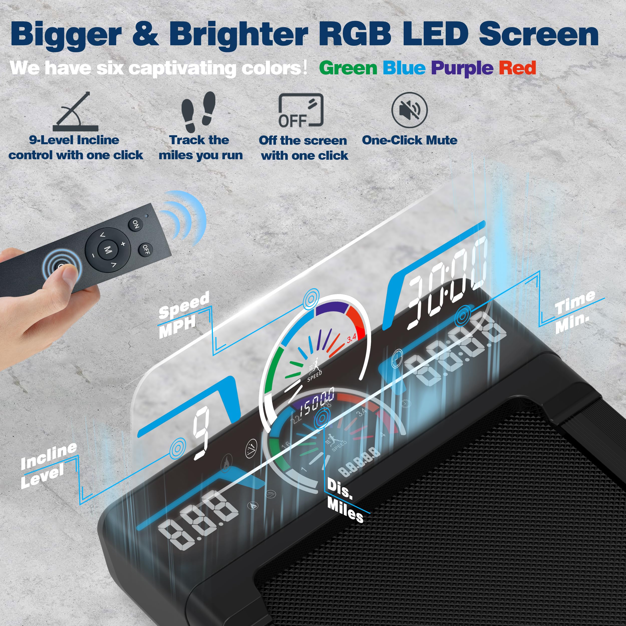 TRAILVIBER Walking Pad Treadmill with 12% 9-Level Auto Incline, 450 lbs Capacity RGB LED Screen, Bluetooth Speaker Under Desk Treadmill, Compact Treadmills for Home Hiking: Blue Black
