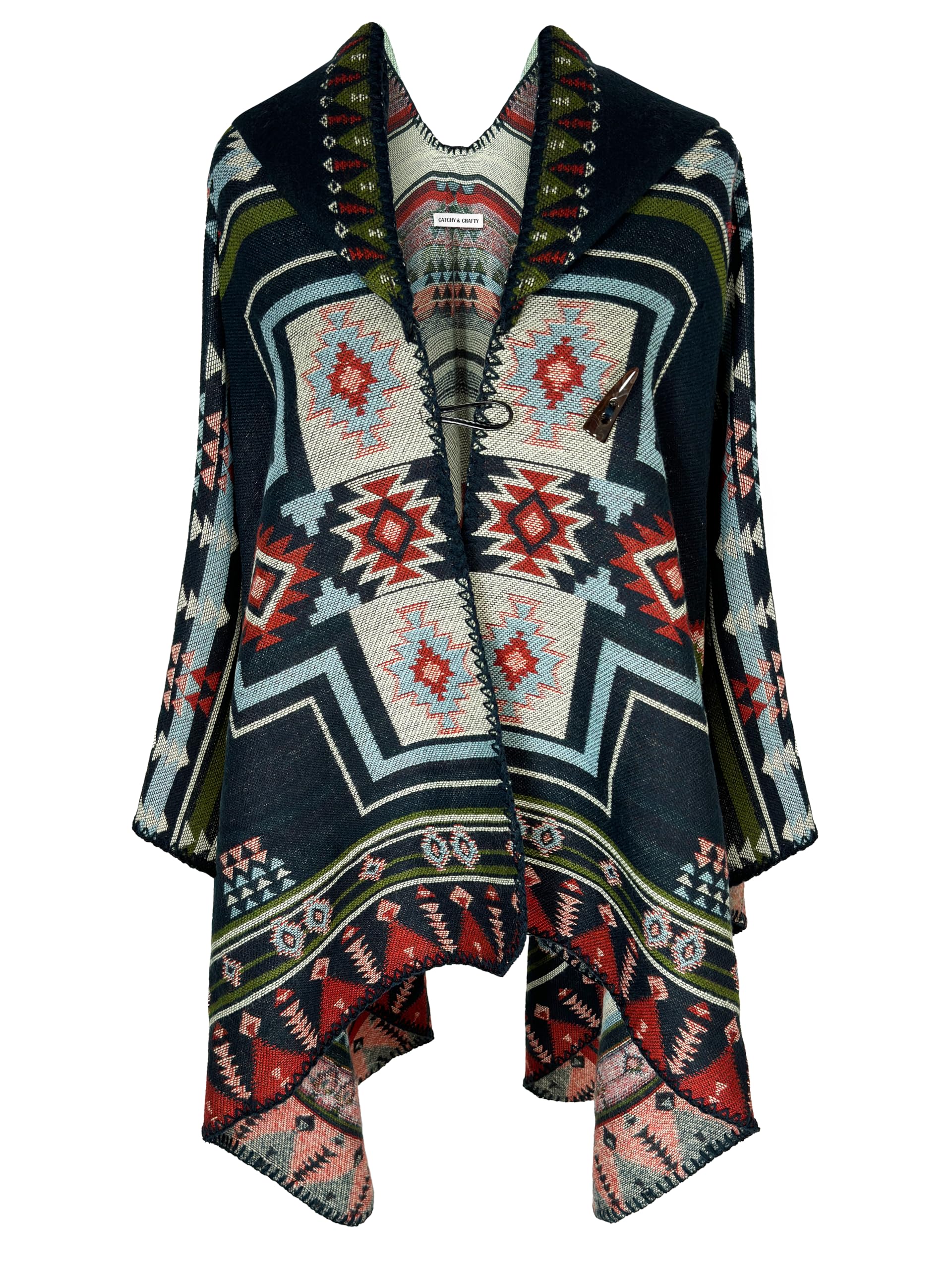 CATCHY CRAFTY Poncho for Women Shawl Wrap Ruana Cardigan Hooded Cape Western Aztec
