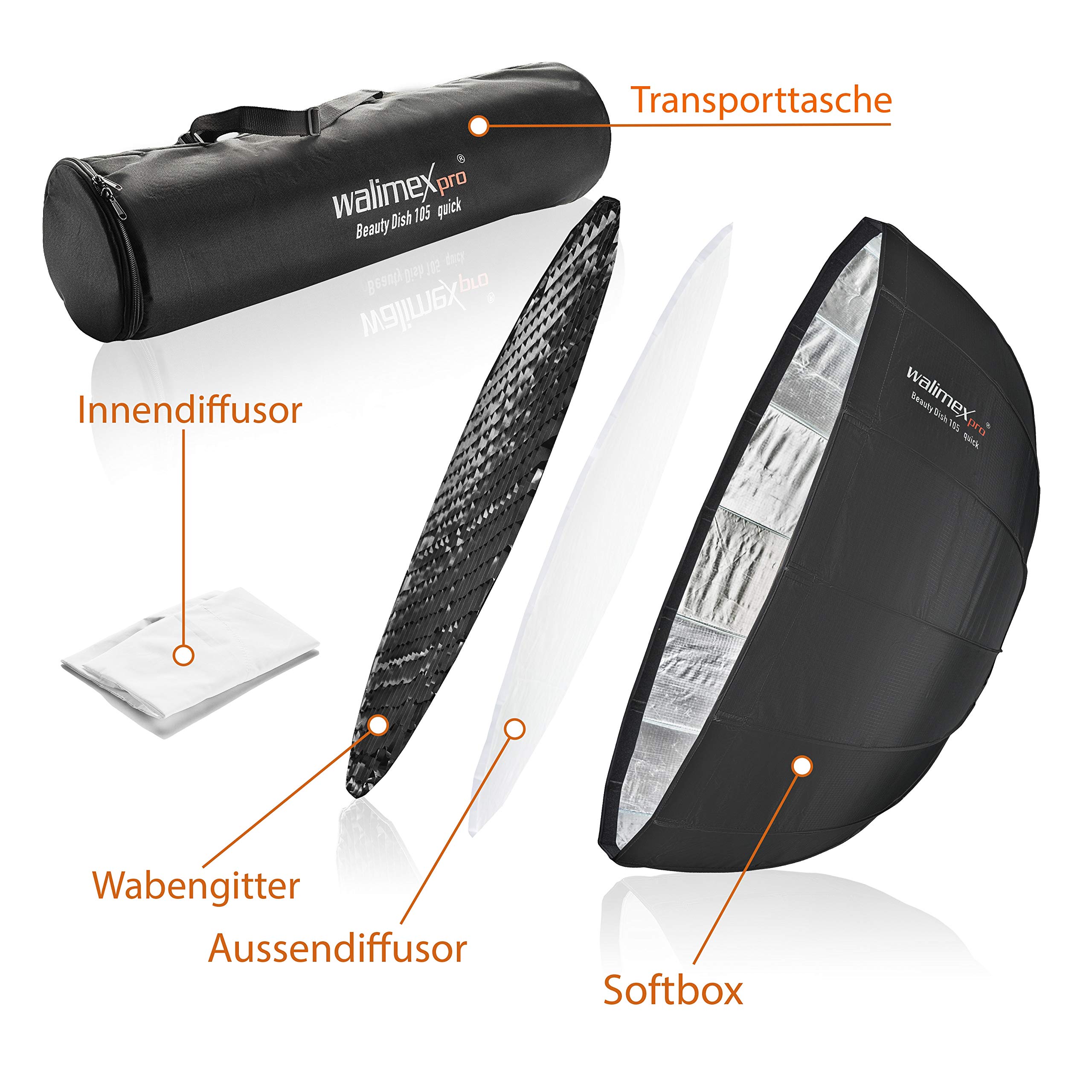 Walimex pro Studio Line Beauty Dish Softbox QA105 – Beauty Dish formująca światło, średnica 105 cm, głębokość 46 cm, składana, z gridą, dyfuzorem wewnętrznym i zewnętrznym, do lampy błyskowej