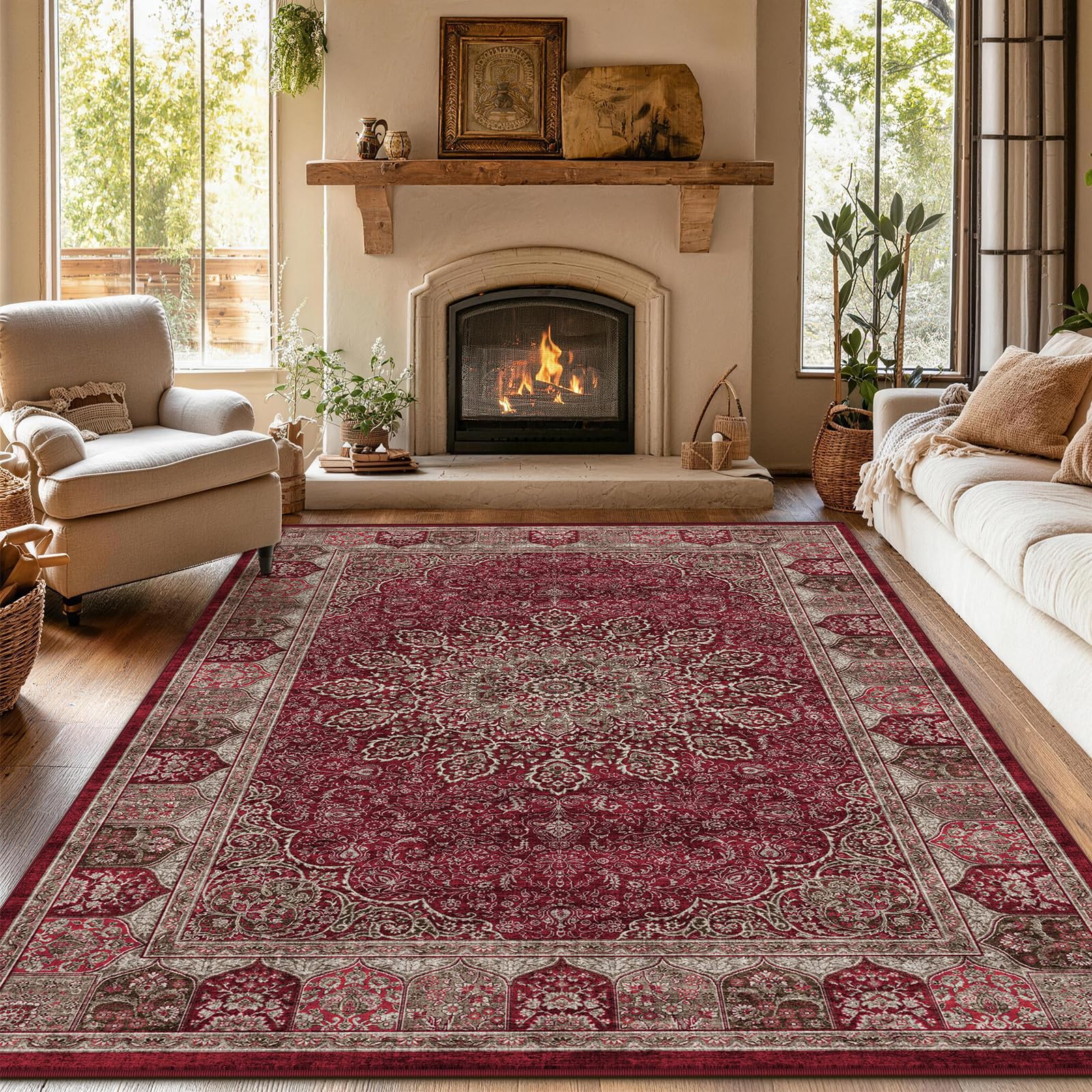 Duży dywan w stylu vintage, 160 x 230 cm – miękki, nadający się do prania i antypoślizgowy dywan z krótkim włosiem, orientalny dywan do jadalni, sypialni, pokoju dziecięcego i biura domowego