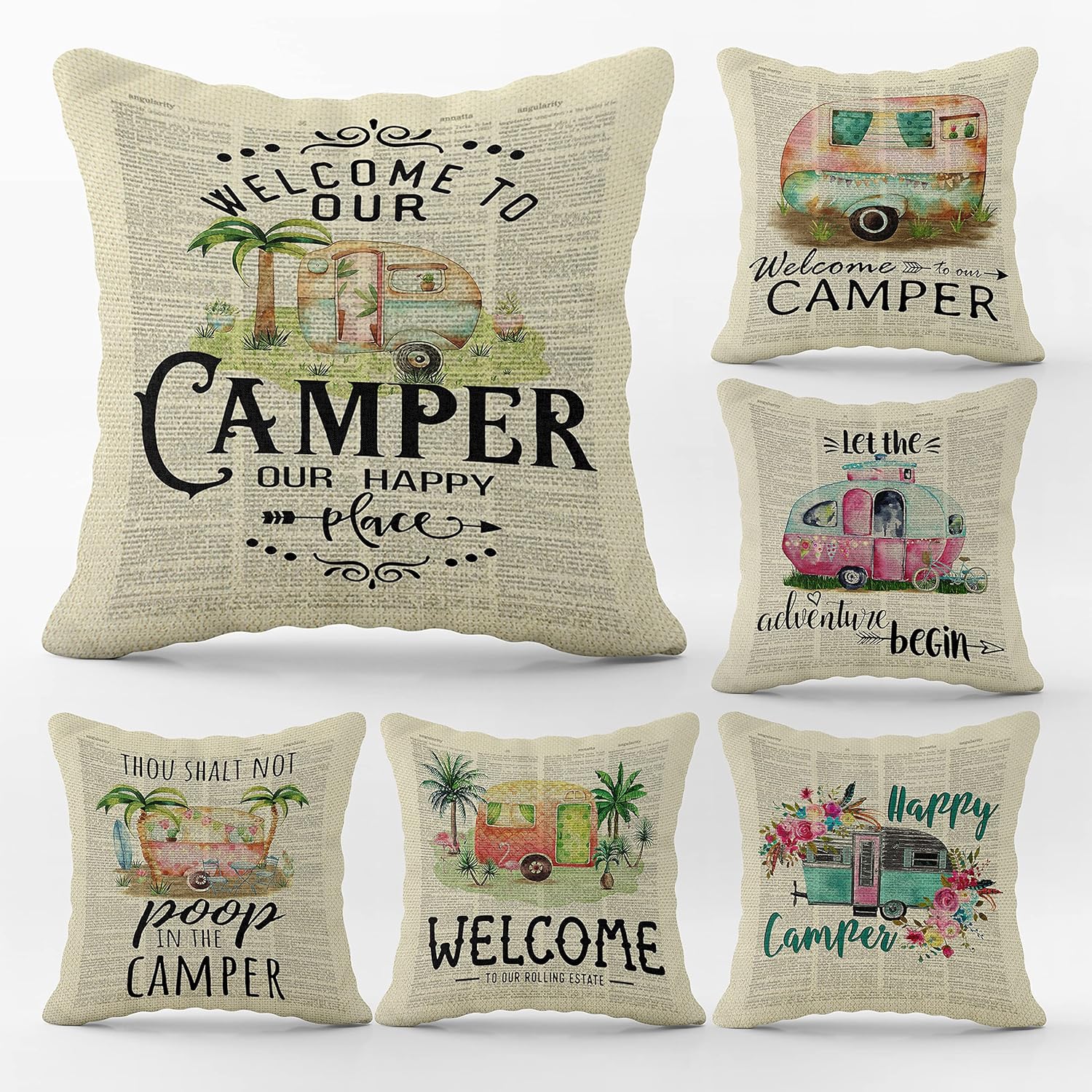 Vintage Happy Camper Decor Throw Pillow Case, Happy Camper Pillow, 18 x 18 Inch Set