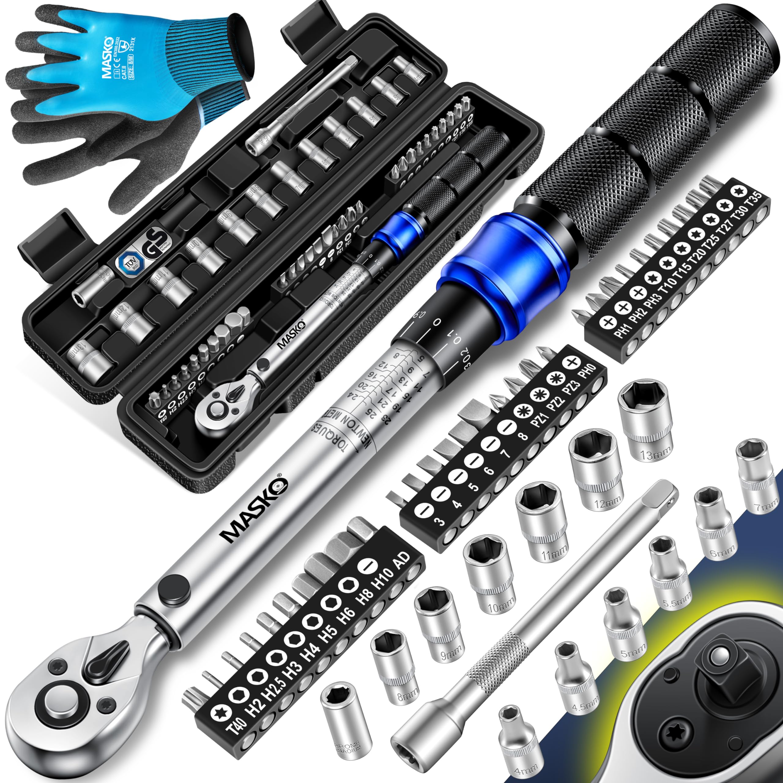 Set Chiave Dinamometrica 45 Pezzi MASKO 1/4'' 5-25 Nm - Con Prese, Punte E Guanti, +/-4% Precisione, In Acciaio Cr-V Per Auto E Moto