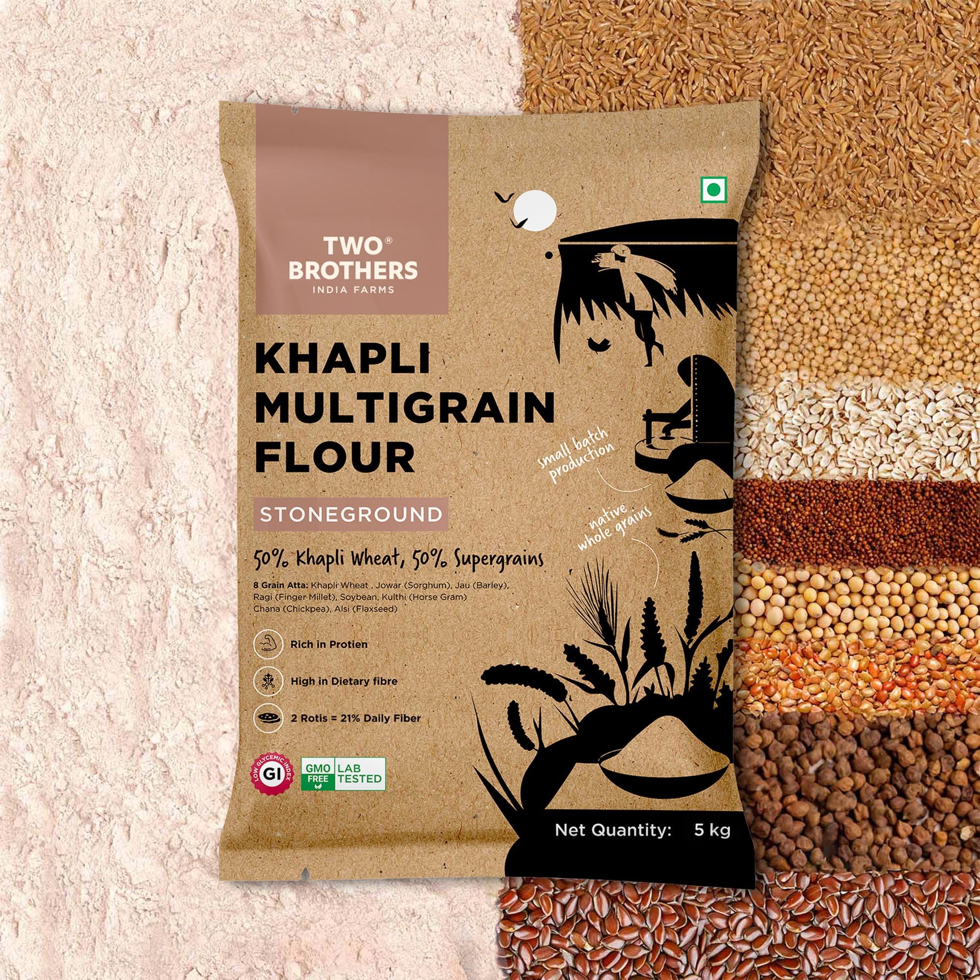 Two Brothers India Farms Khapli Multigrain Atta (5kg)| 8 Grains Flour Mix | High Fiber & Protein Source | Low GI Atta | Khapli, Jowar, Jau, Ragi, Soybean, Kulthi, Chana, Alsi 1