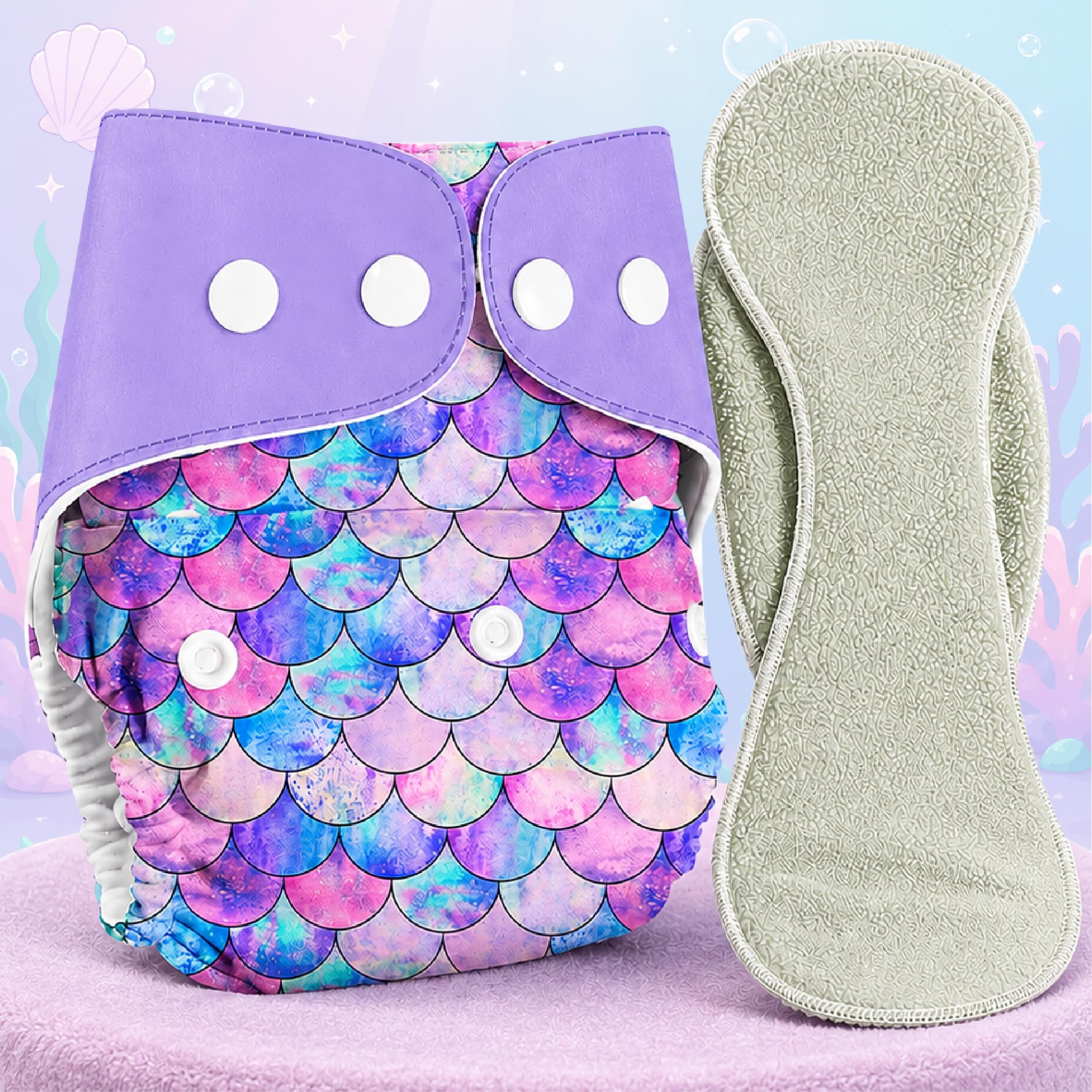 LILTOES Cloth Diapers For New Born Babies 0 to 3 Years | Freesize Adjustable and Reusable | Premium Cloth Nappies Pack of 1 (1 Cloth Diaper + 1 Insert) | (Little Mermaid)