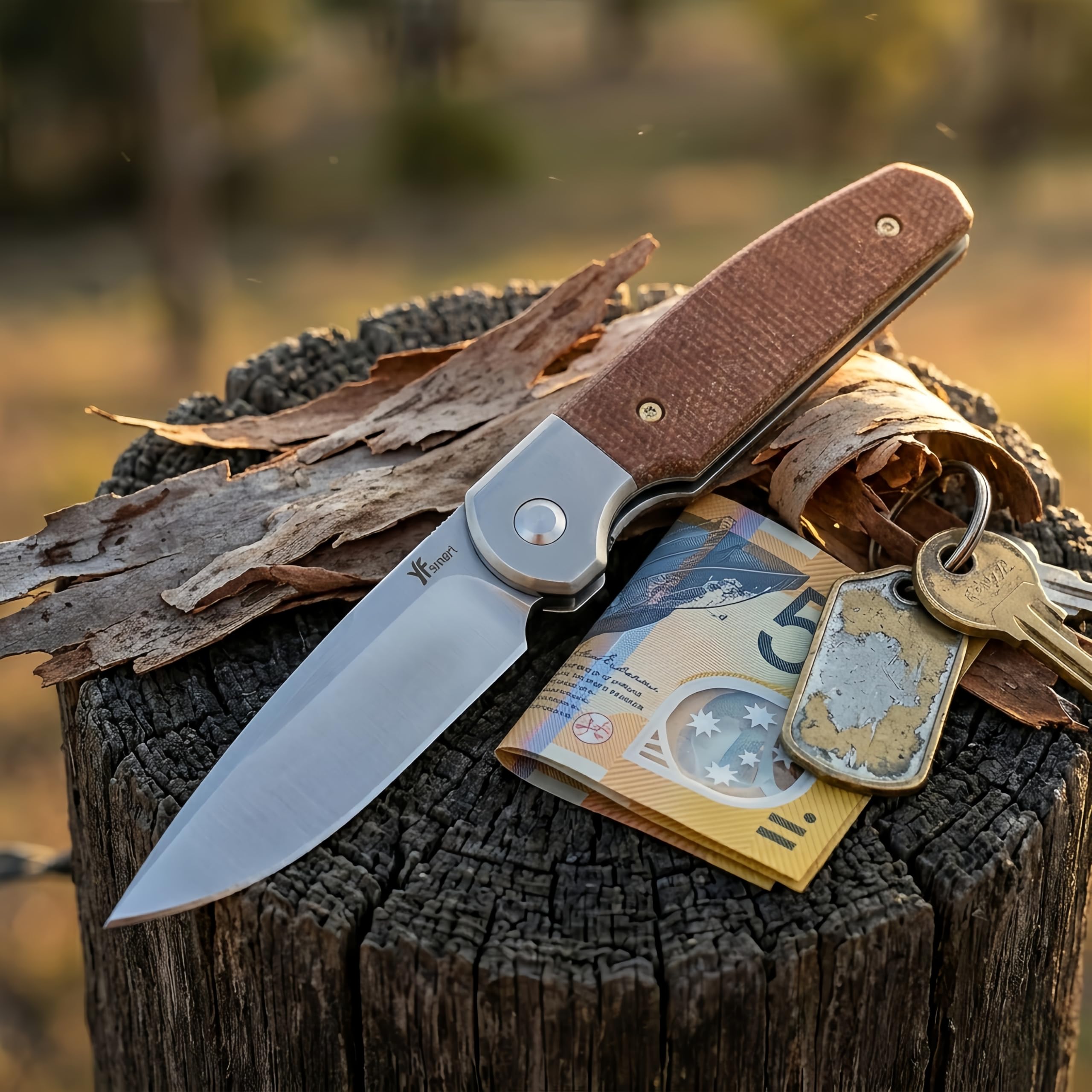 Nóż YF SMART Small Floding Pocket EDC – ostrze typu drop point, rękojeść z brązowego płótna z micarty, głęboki klips do kieszeni, kompaktowy składany nóż na kemping, piesze wycieczki i przygody (Mini)