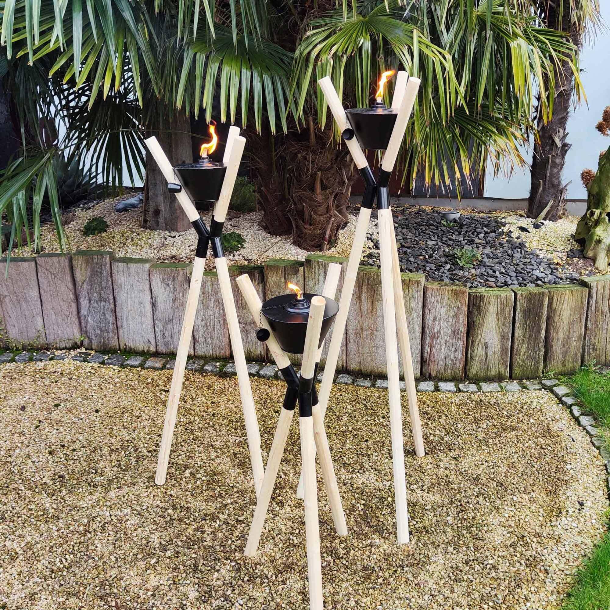 UNUS Fiaccola da giardino a tre zampe in legno, ricaricabile, per esterni