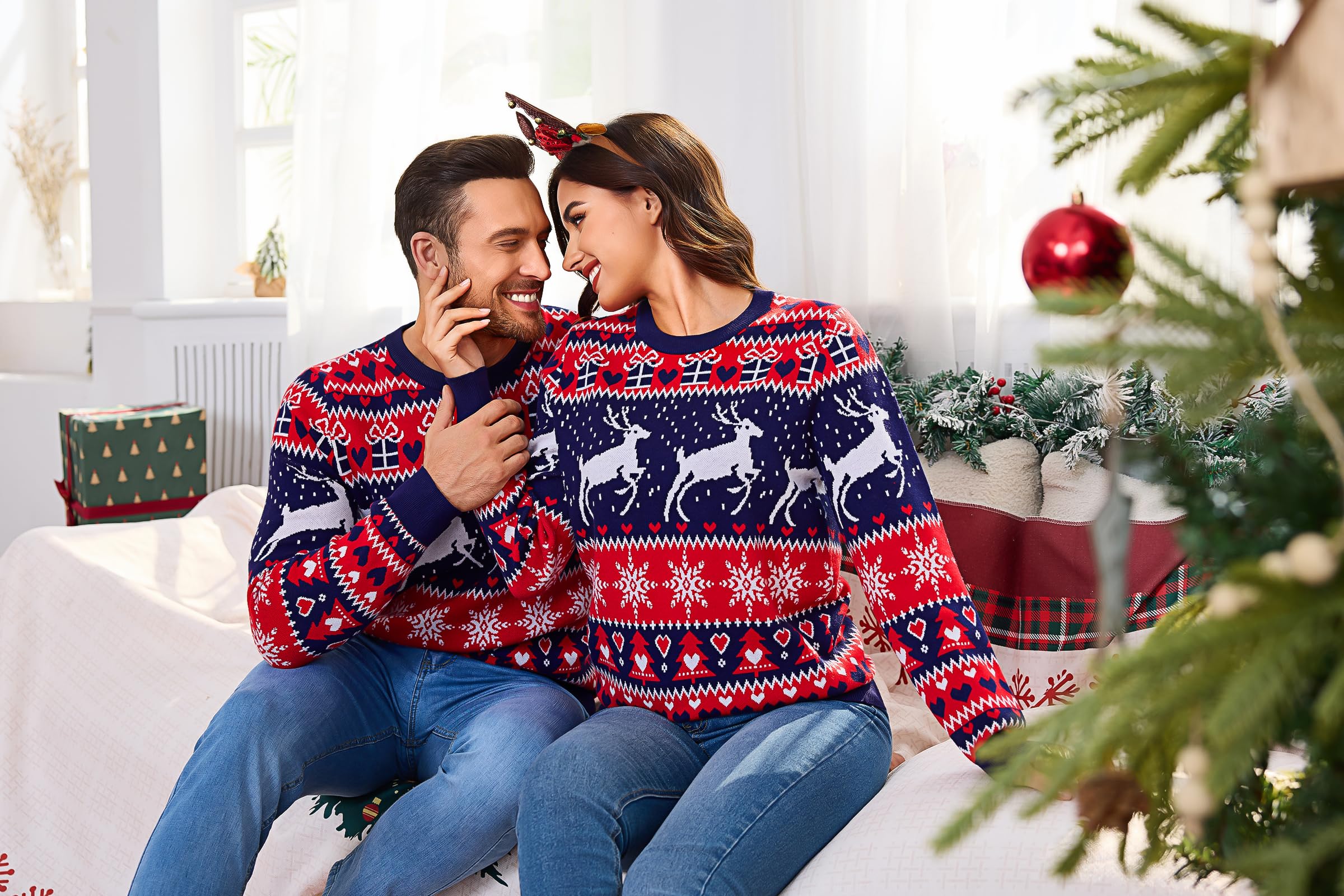 Aseniza Damski zimowy sweter świąteczny sweter bożonarodzeniowy sweter świąteczny brzydki świąteczny sweter z długim rękawem i okrągłym dekoltem