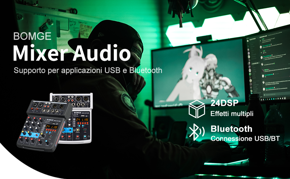 Mixer Audio BOMGE 06F - 6 Canali, USB, Bluetooth, Phantom 48V, Per Karaoke E Live