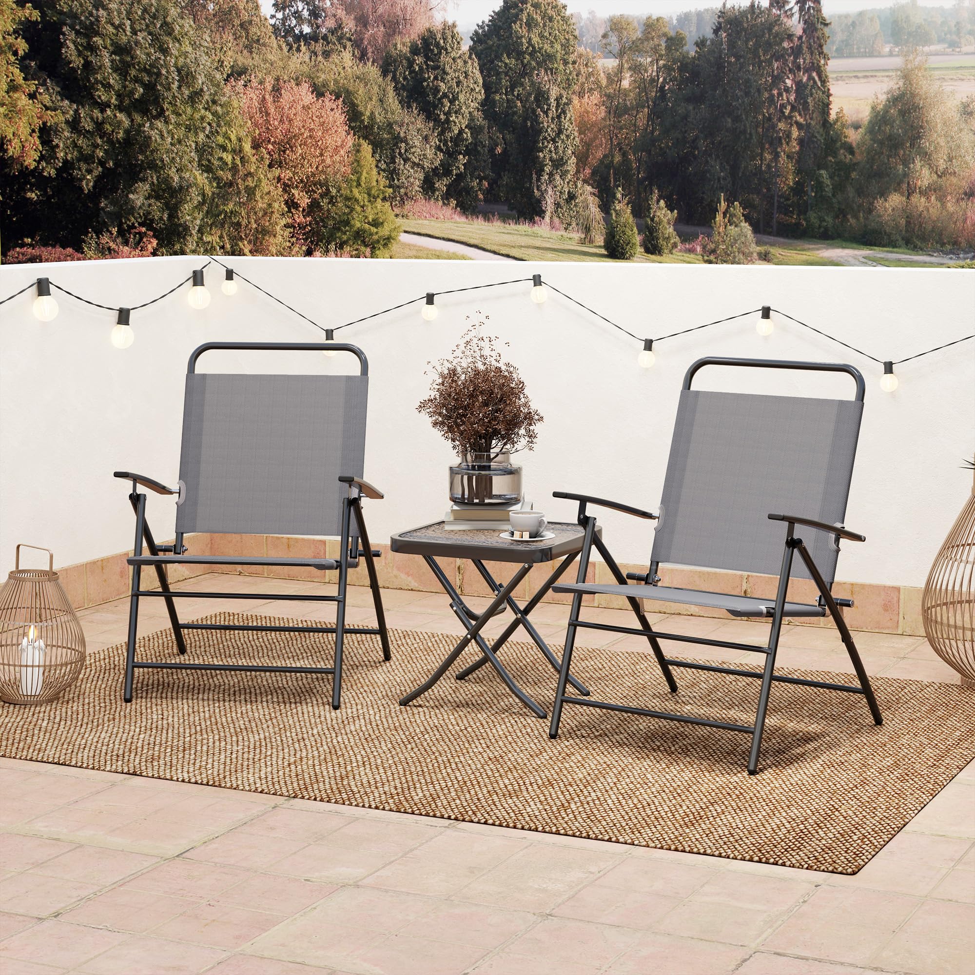 Outsunny Set da Giardino 3 Pezzi con Sedie Pieghevoli e Tavolo in Acciaio e Vetro Grigio