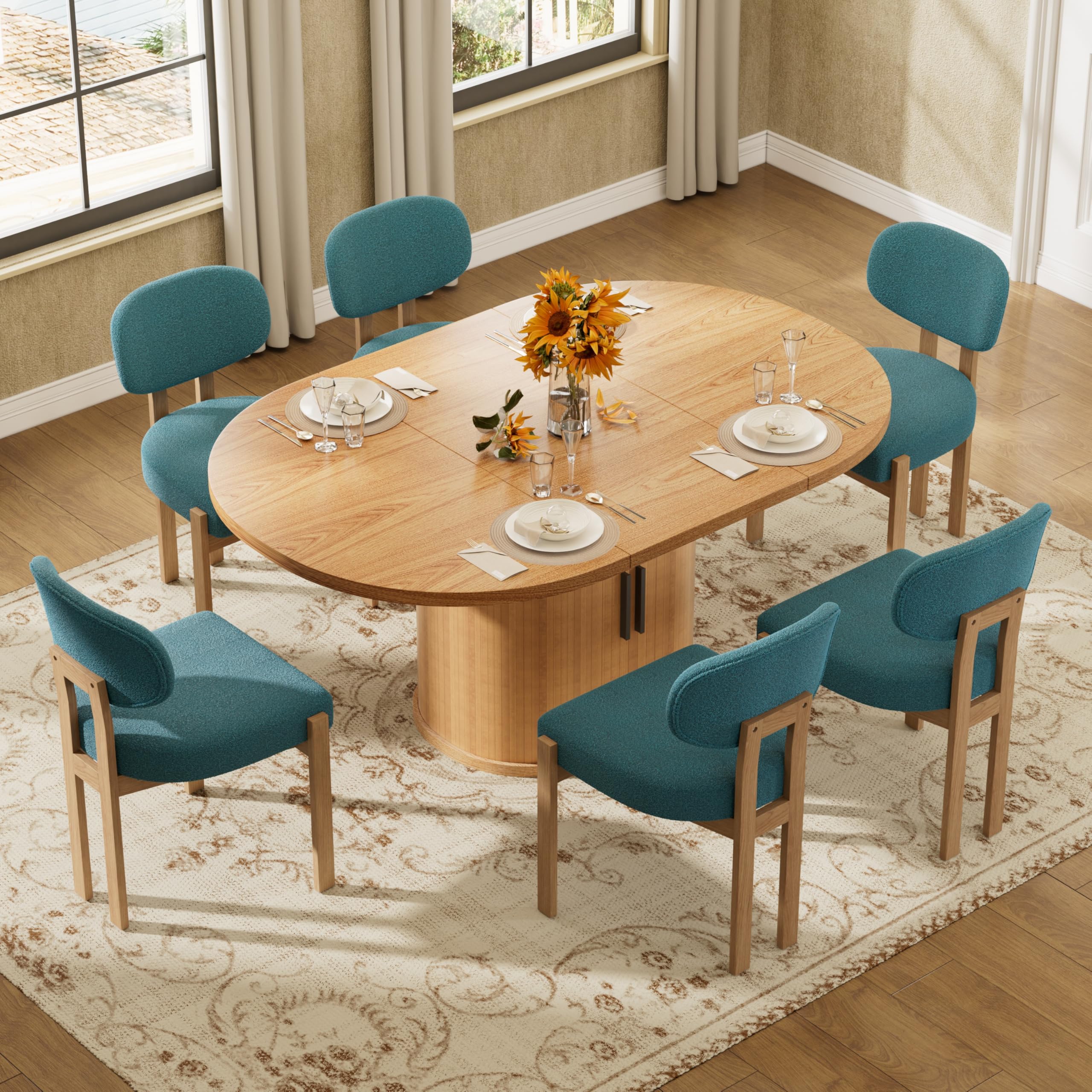Large Retro Dining Table Set for 6, Modern Oval Kitchen Table Set with 6 Upholstered Chairs, Solid MDF Table with 2-Layer Storage Shelf and Wood Slide Door, Luxury Blue Chenille Chairs