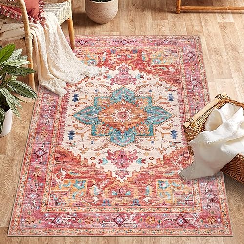 Yamaziot Washable Area Rug for Bedroom, 3x5 Non-Slip Boho Vintage Living Room Rug with Rubber Backing, Low Pile Faux Wool Soft Distressed Rug Floor Carpet for Living Room, Laundry, Kid Playroom