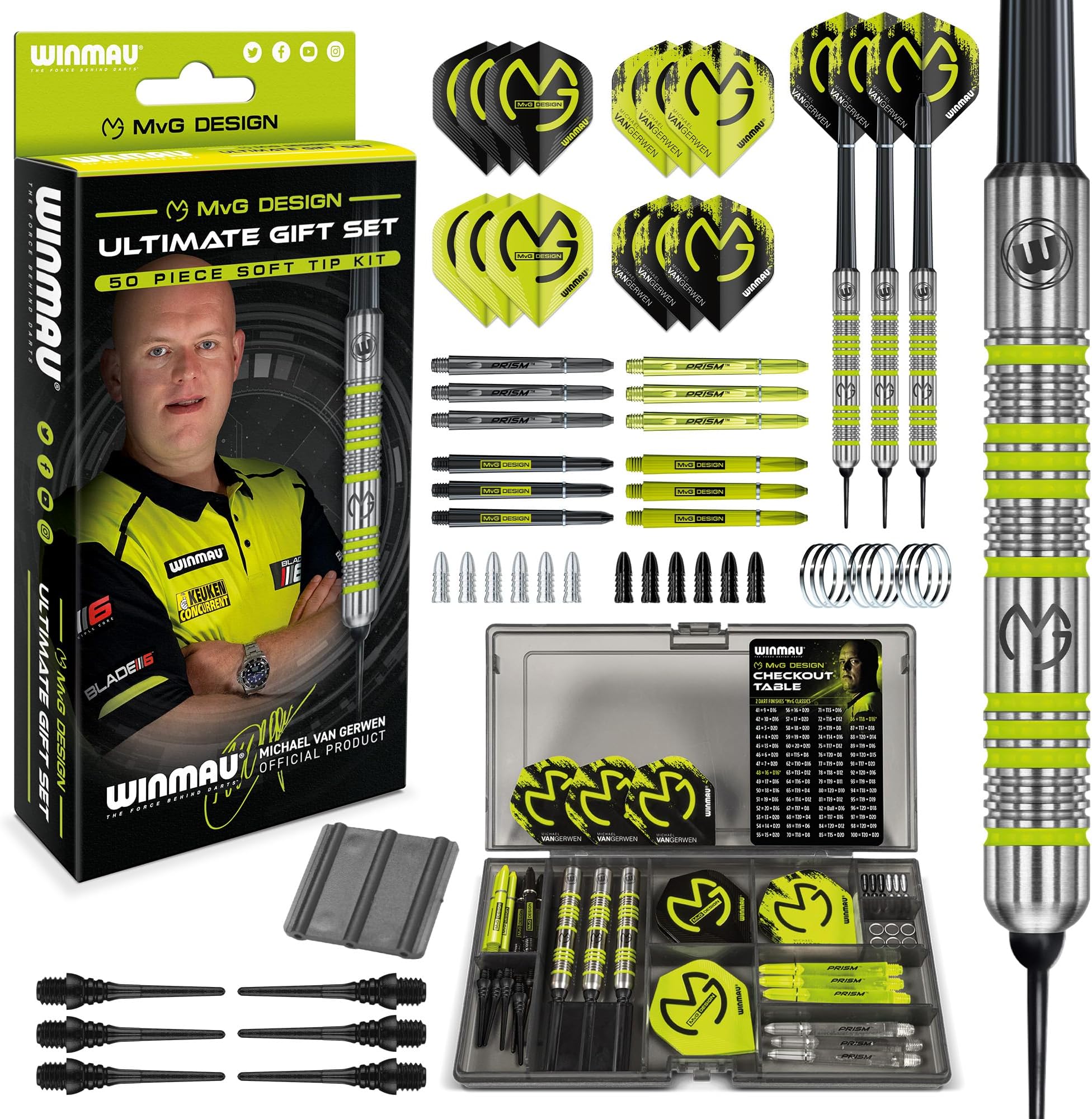 WINMAU - Professional Player - Michael Van Gerwen MvG Gift Set - 50 Piece Professional Darts Set - Includes 4 Sets of Stems, 4 Sets of Flights and Accessories - 18g Soft Tip or 20g Steel Tip Dart