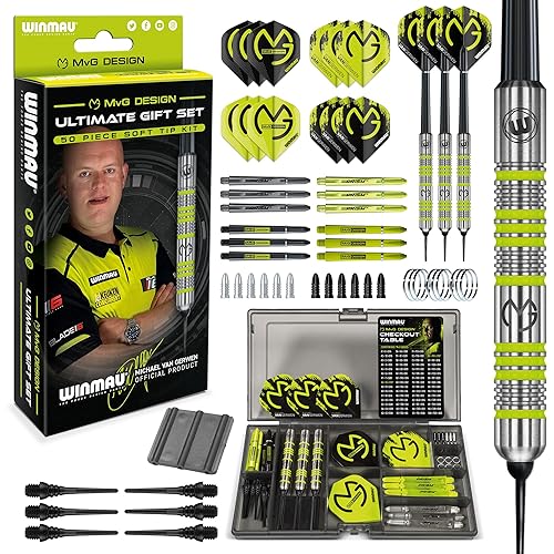 Winmau Michael Van Gerwen MvG Gift Sets - 50 Piece Darts Set with 4 Sets of Shafts, 4 Sets of Flights Plus Accessories - Softip