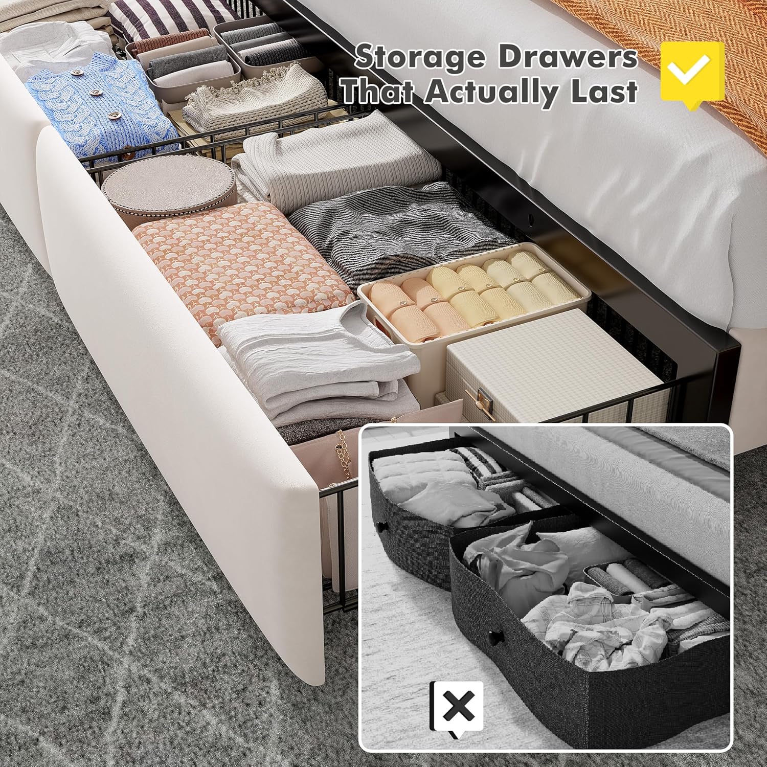 EnHomee Queen Bed Frame with 2 Drawers, Upholstered Headboard with Charging Station, Button Tufted Velvet Bed Frame and LED Lights, No Box Spring Needed/Beige