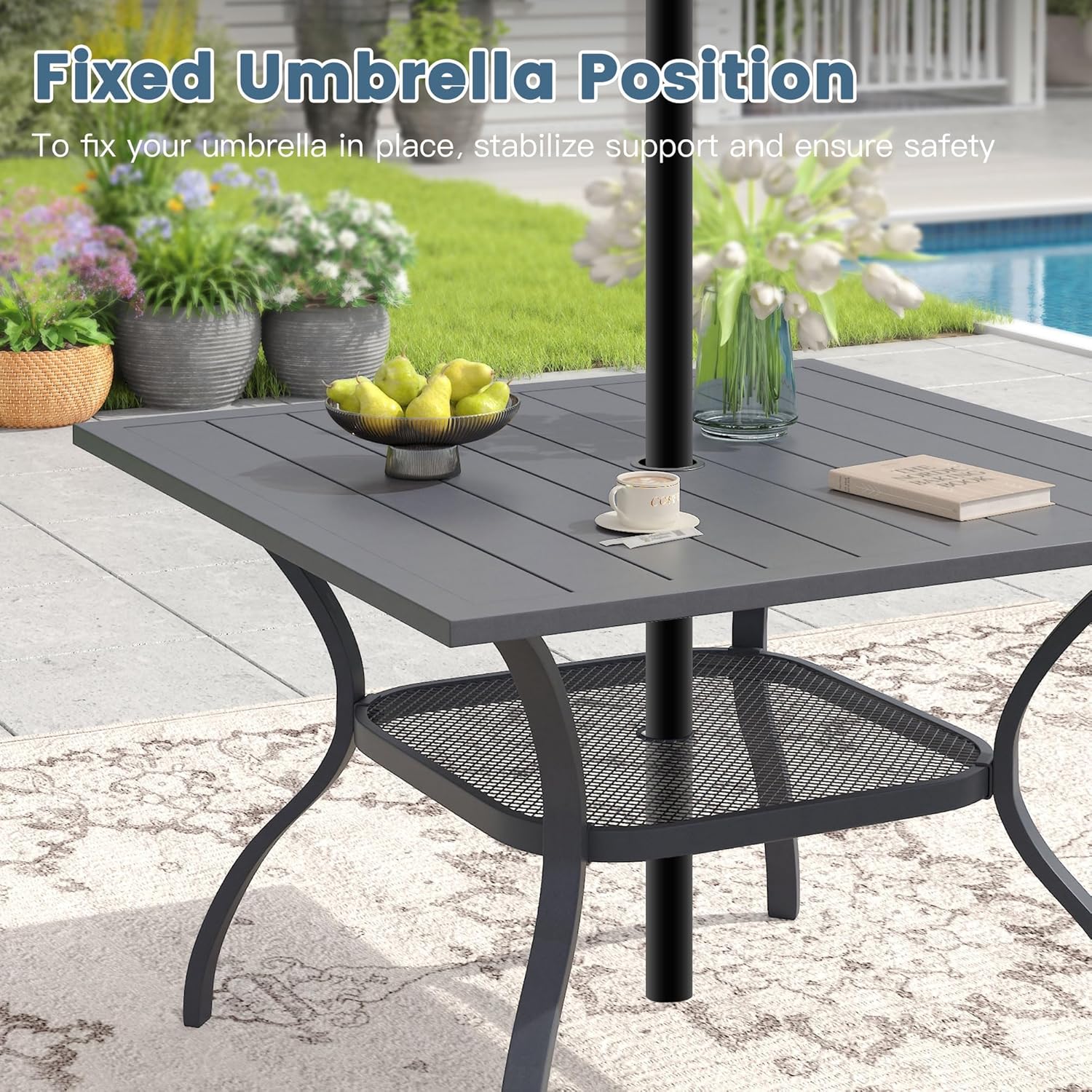 DIFY Square Patio Dining Table for 4, 38" Grey Outdoor Metal Dining Table with 1.57" Umbrella Hole for Backyard, Lawn, Garden and Deck