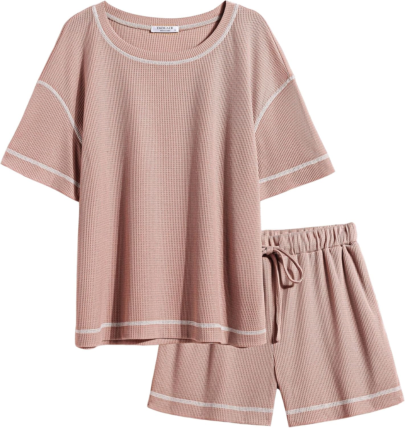 Ekouaer Women's Waffle Knit Two Piece Lounge Set, Soft Matching Outfits for Daily Wear, Casual Shorts Set with Elastic Waist & Pocket