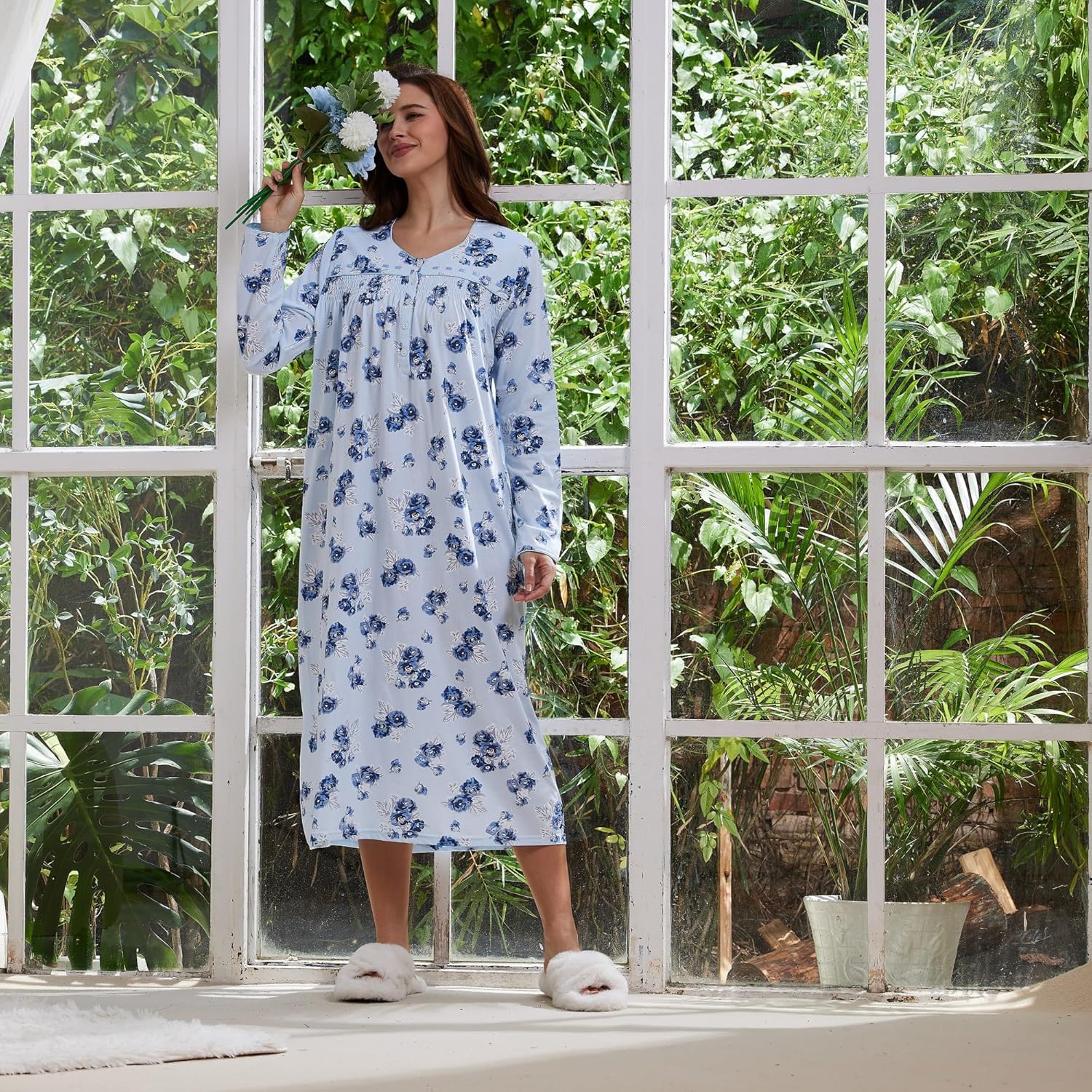 Keyocean Nightgowns for Women, Soft Cotton Comfy Lightweight Embroidered Long-sleeve Nightdress - Image 5