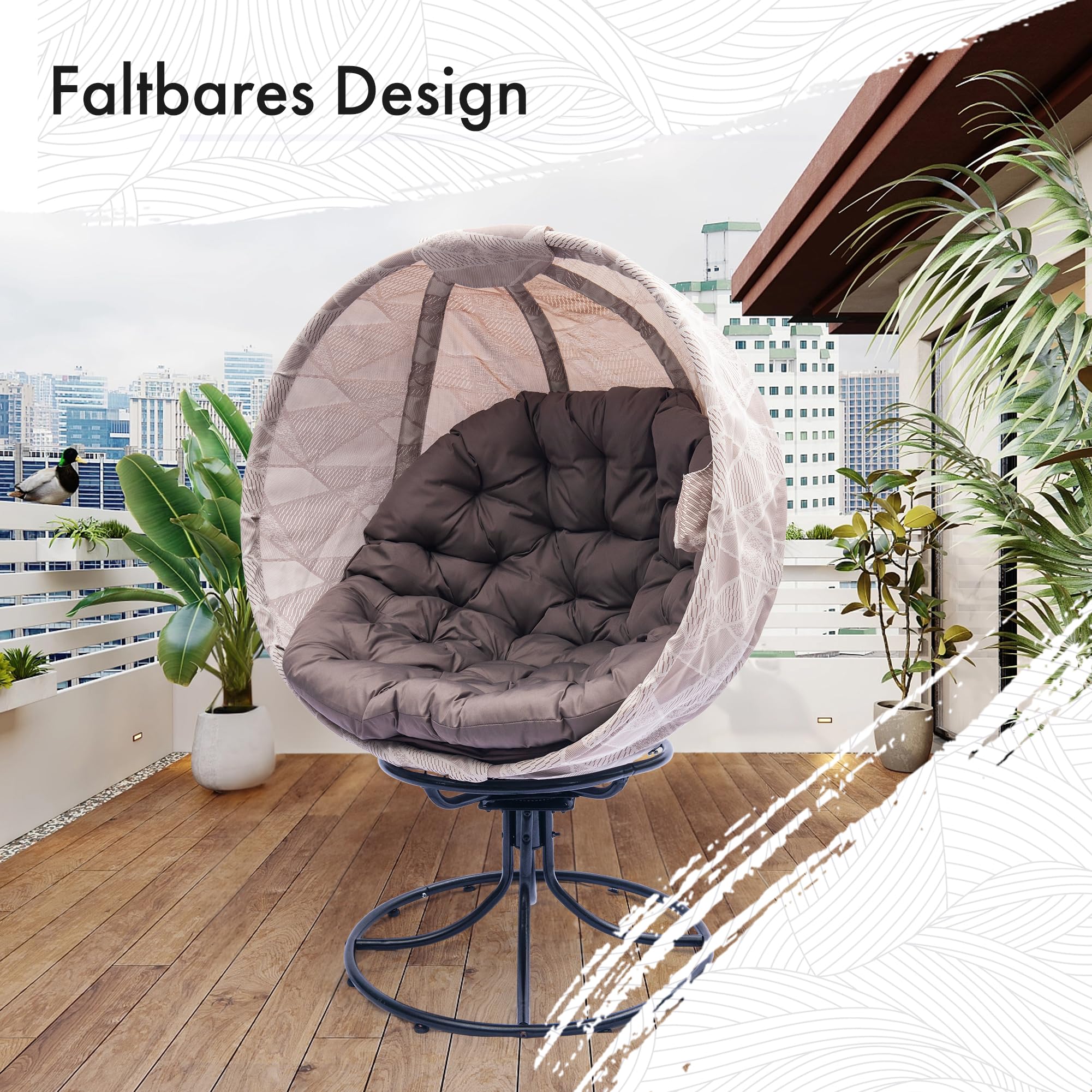 Überdimensionierte Drehstuhl papasansessel, drehsessel klappbarer Korbsitz und Metallrahmen, Indoor Outdoor Lounge Sessel für Balkon, Poolseite, Terrasse und Wohnzimmer (Sandbraun-Weiß)