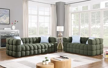 2 Pcs Sectional Sofa 2+3 Cloud Couch with Extra Deep Seats,5 Seater Modern Marshmallow Tufted Boucle Couch with 4 Pillows Decor Furniture for Living Room,Loveseat+Sofa,Olive Green.